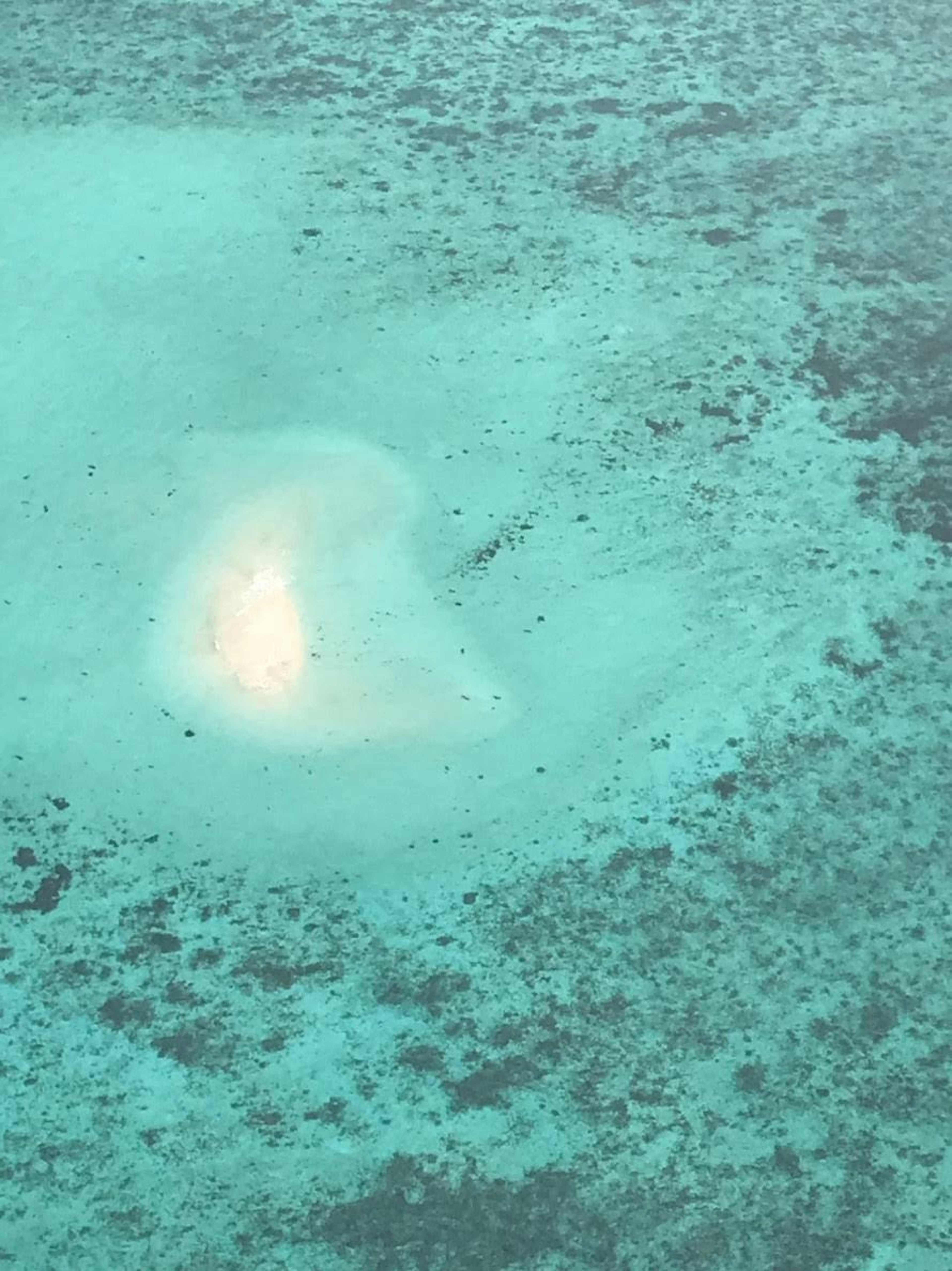 Un parche de arena blanca visible bajo el agua con un color de mar turquesa