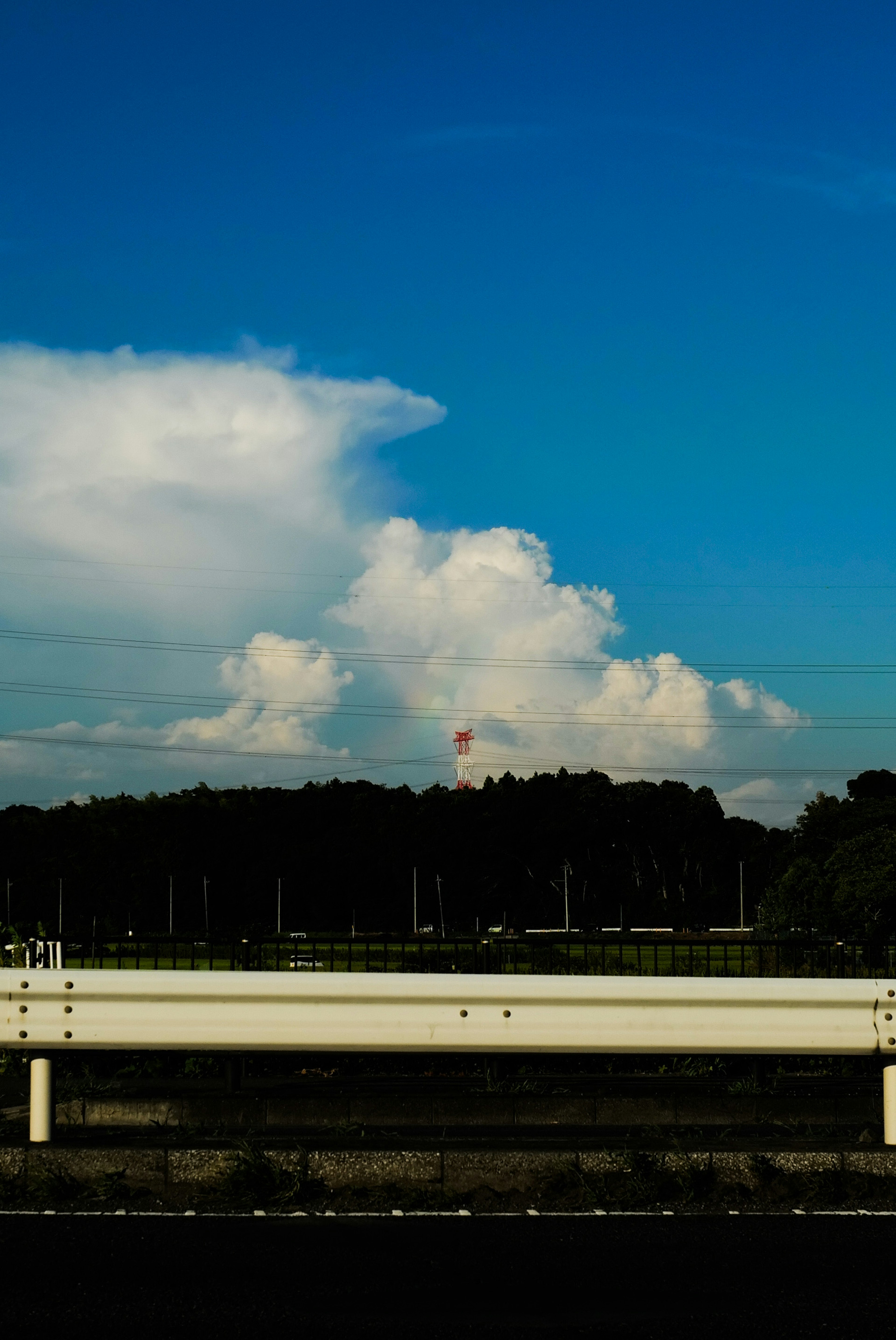 Pemandangan indah dengan langit biru dan awan putih serta menara di belakang pohon tinggi