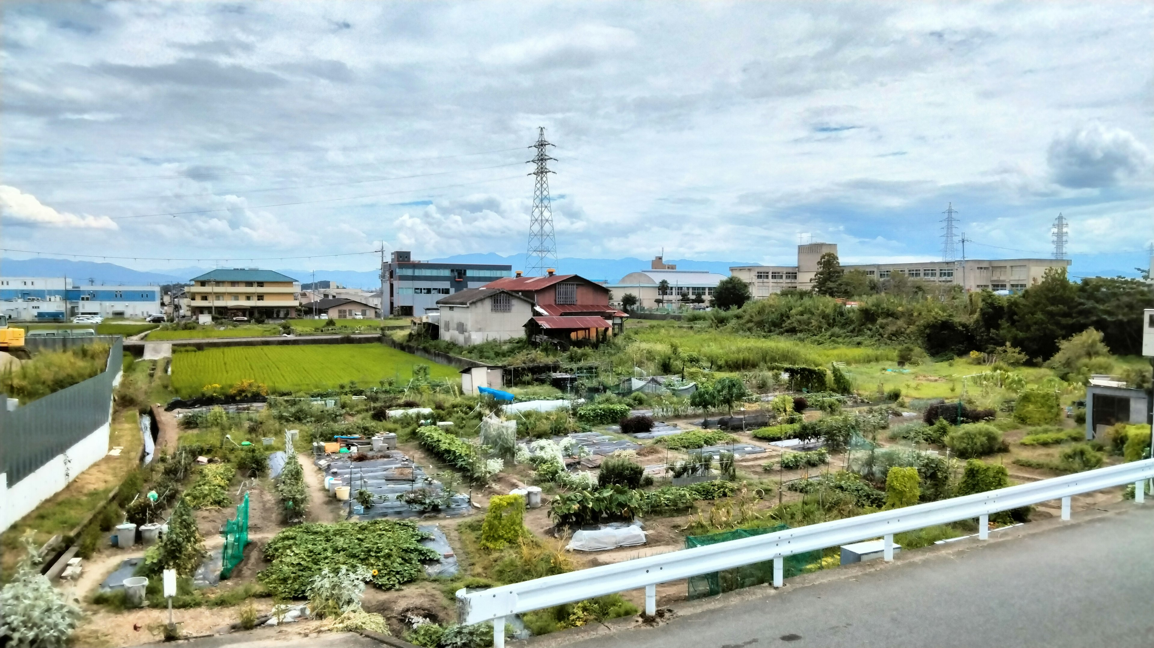 Paysage avec des champs et des jardins familiaux sous un ciel bleu