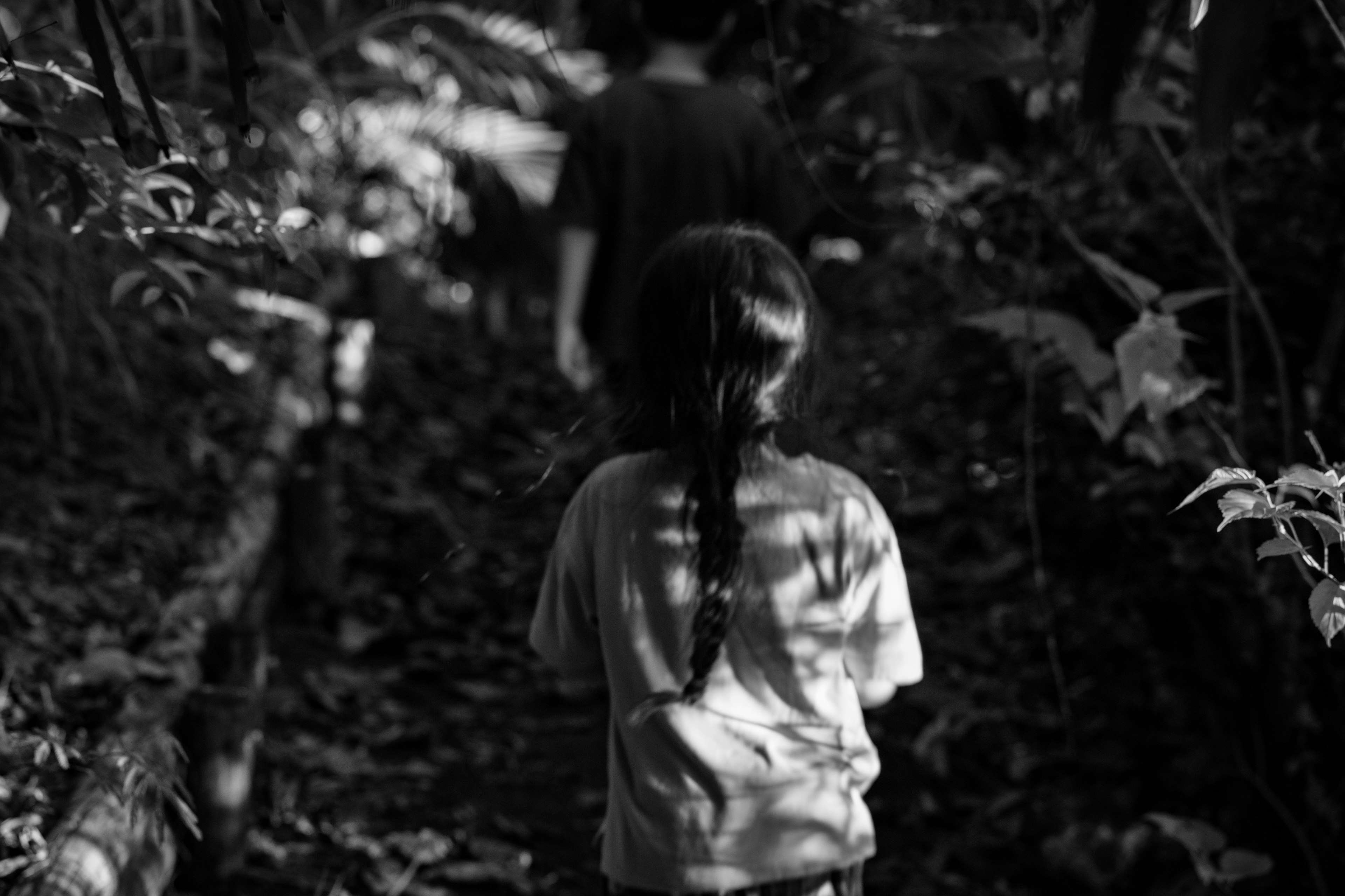 Children walking in a forest path