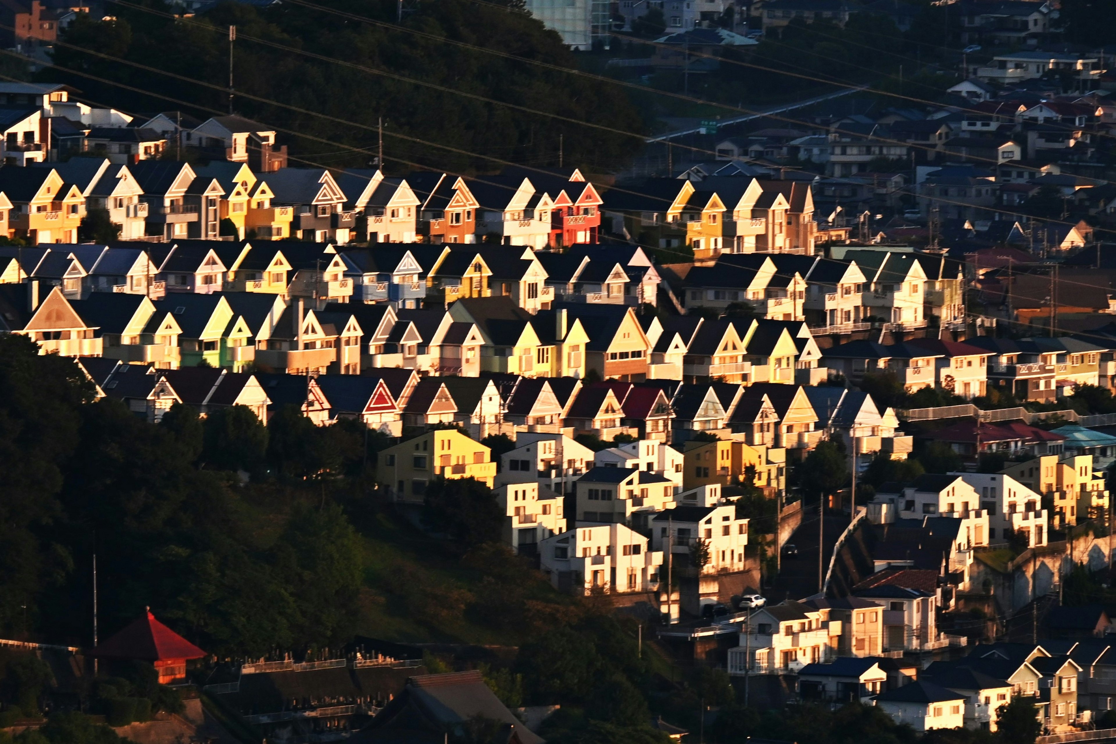 Aerial view of colorful houses on a hillside