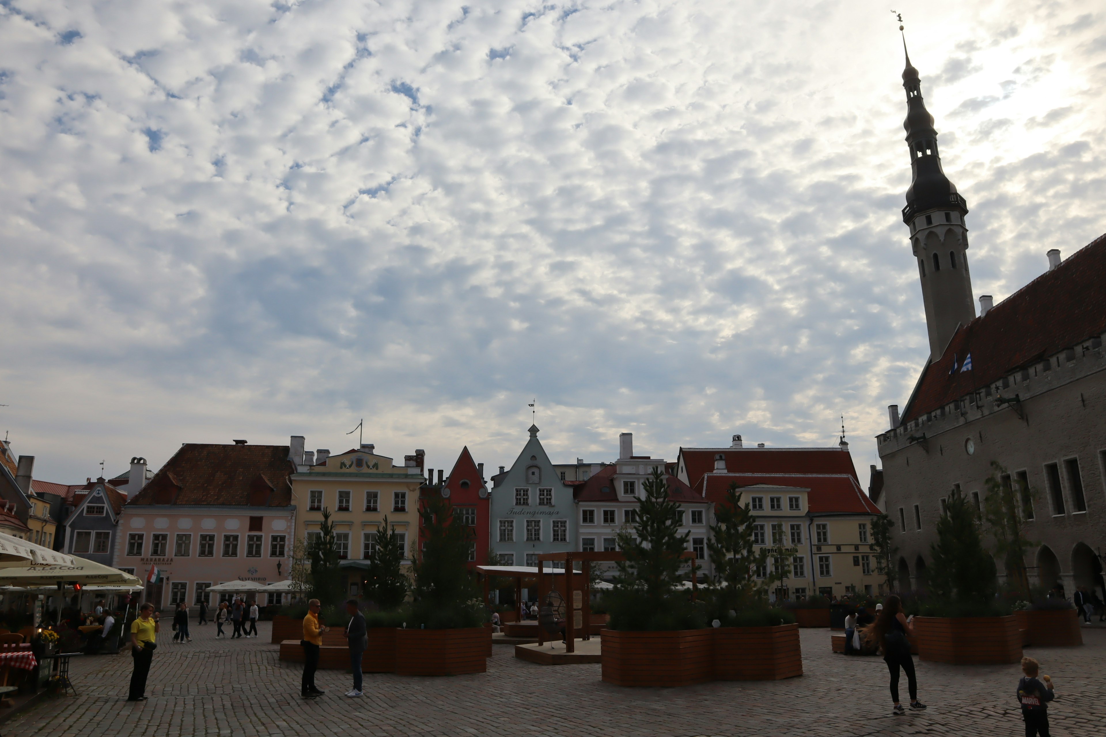 Edificios coloridos en la plaza de Tallin bajo un cielo nublado