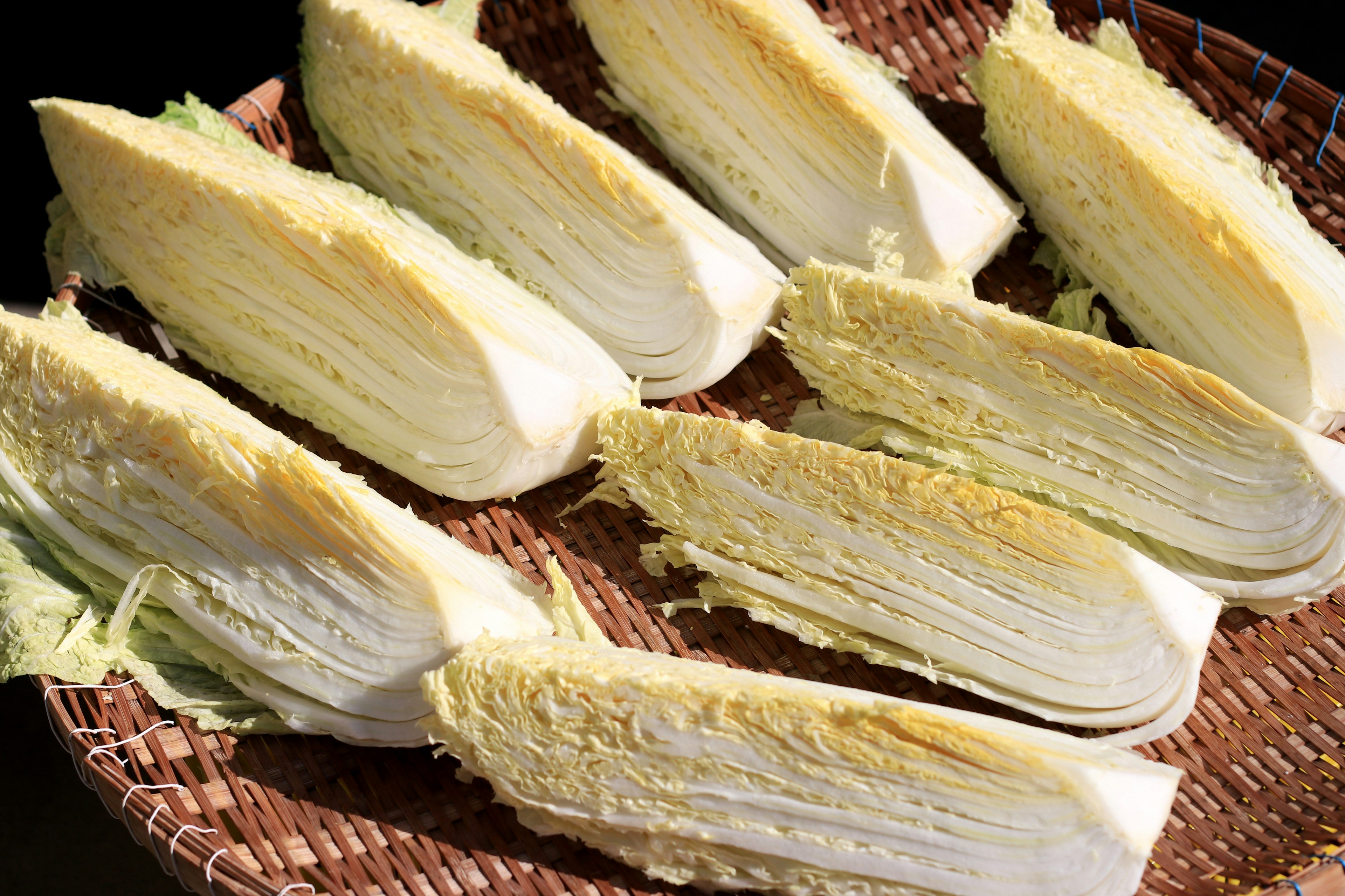 Sliced napa cabbage arranged in a basket