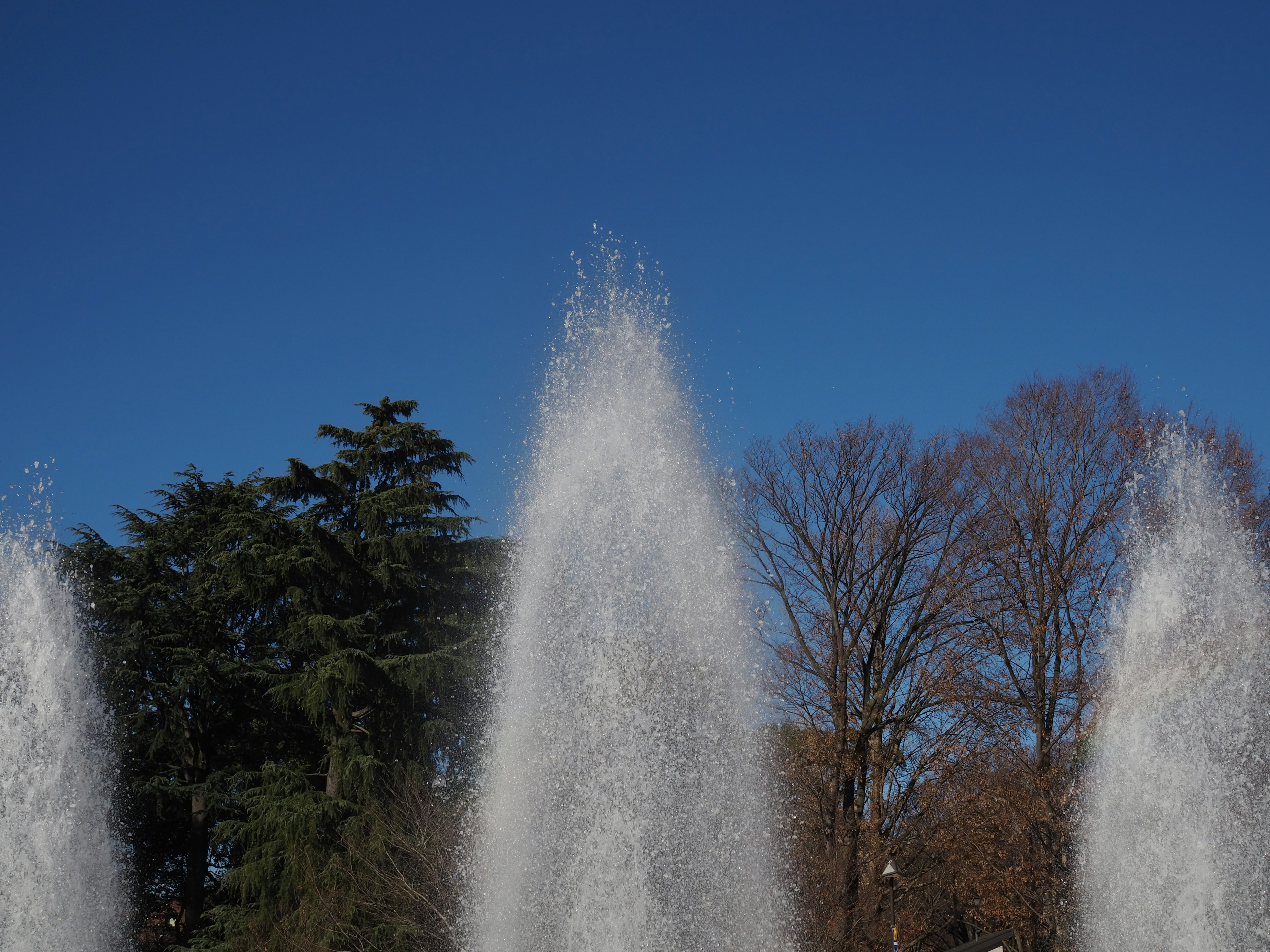 Fountain spraying water under a clear blue sky with trees in the background