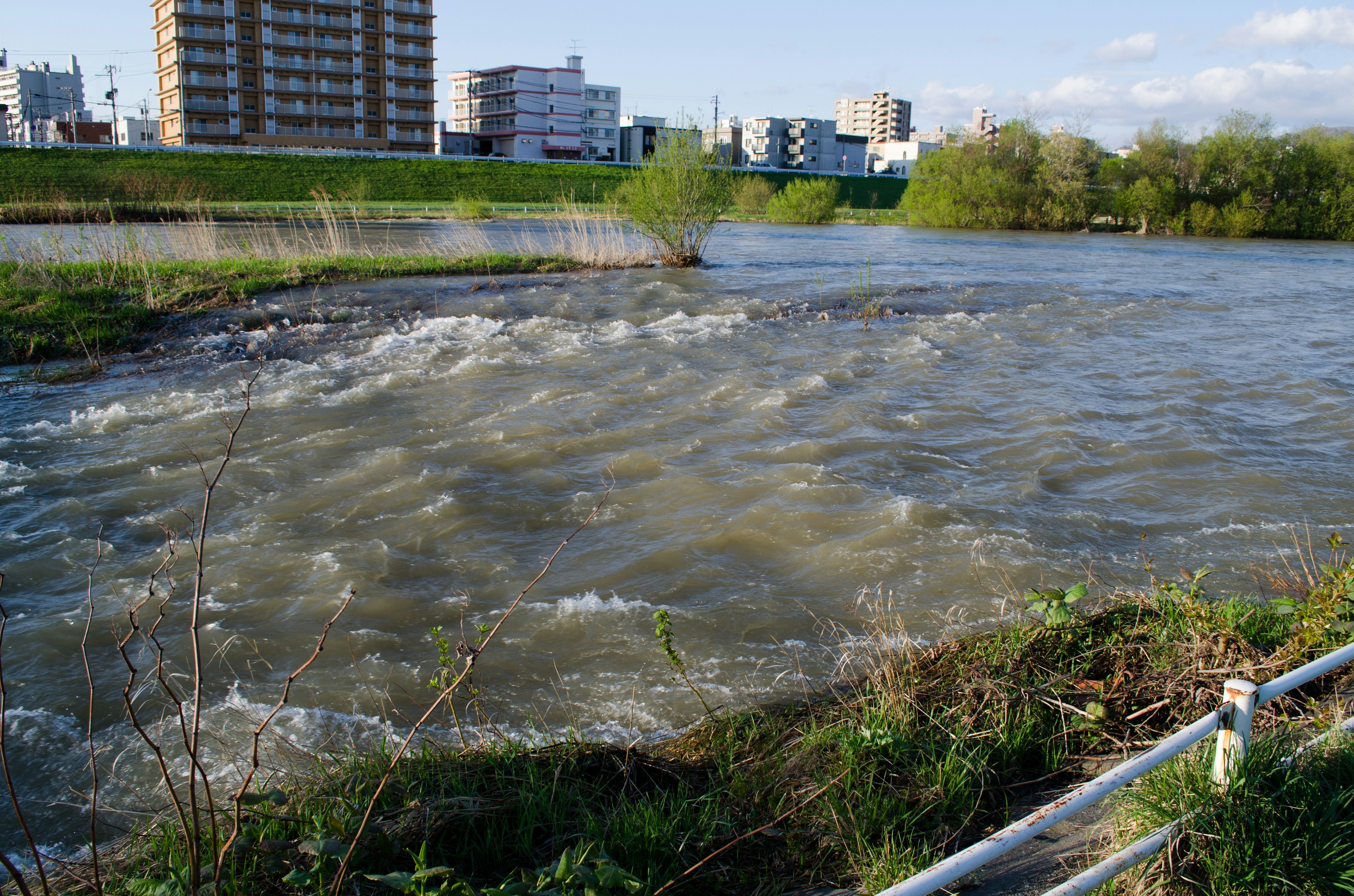 Paisaje urbano con un río de aguas rápidas y vegetación circundante