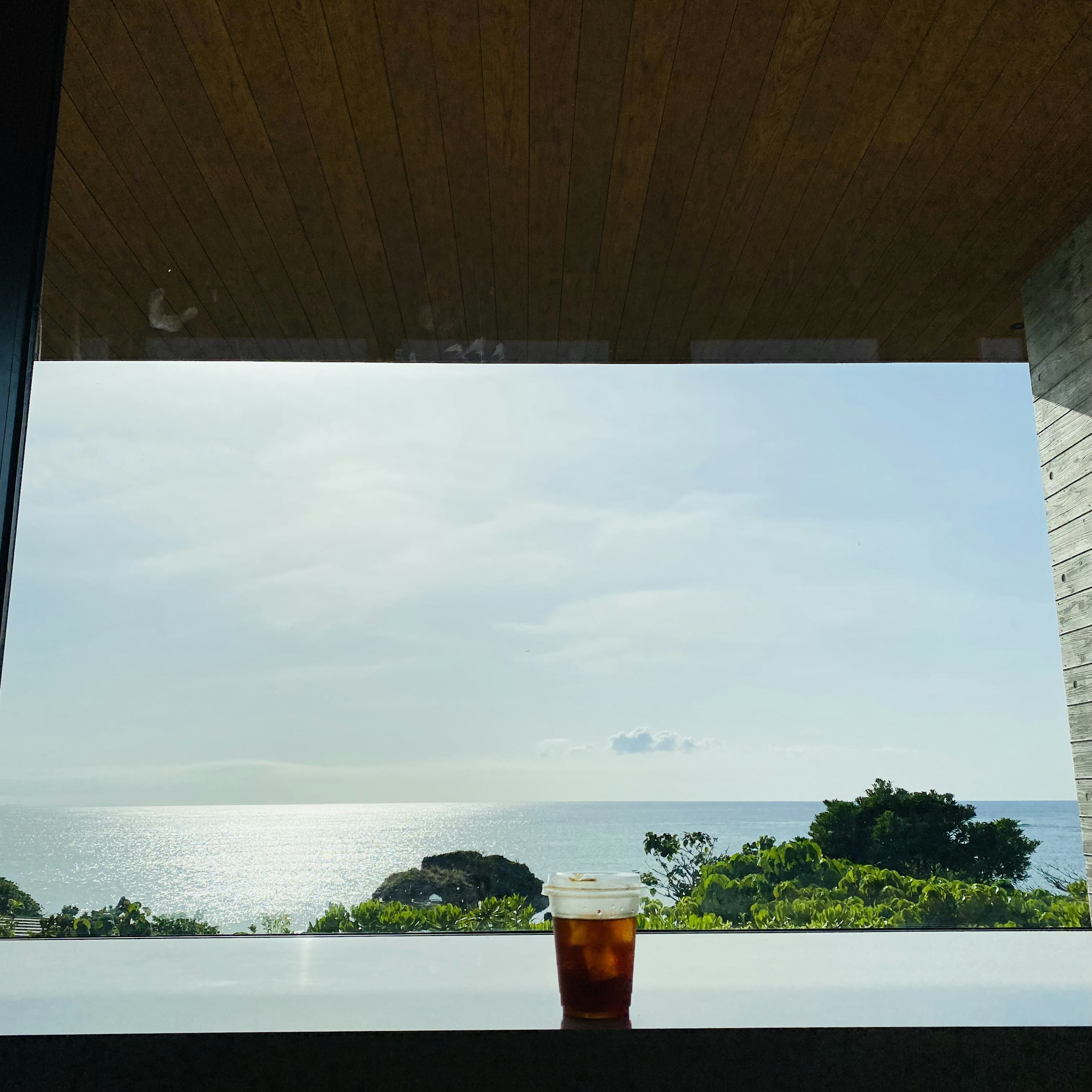 窓から見える海と緑の風景の中に置かれた飲み物