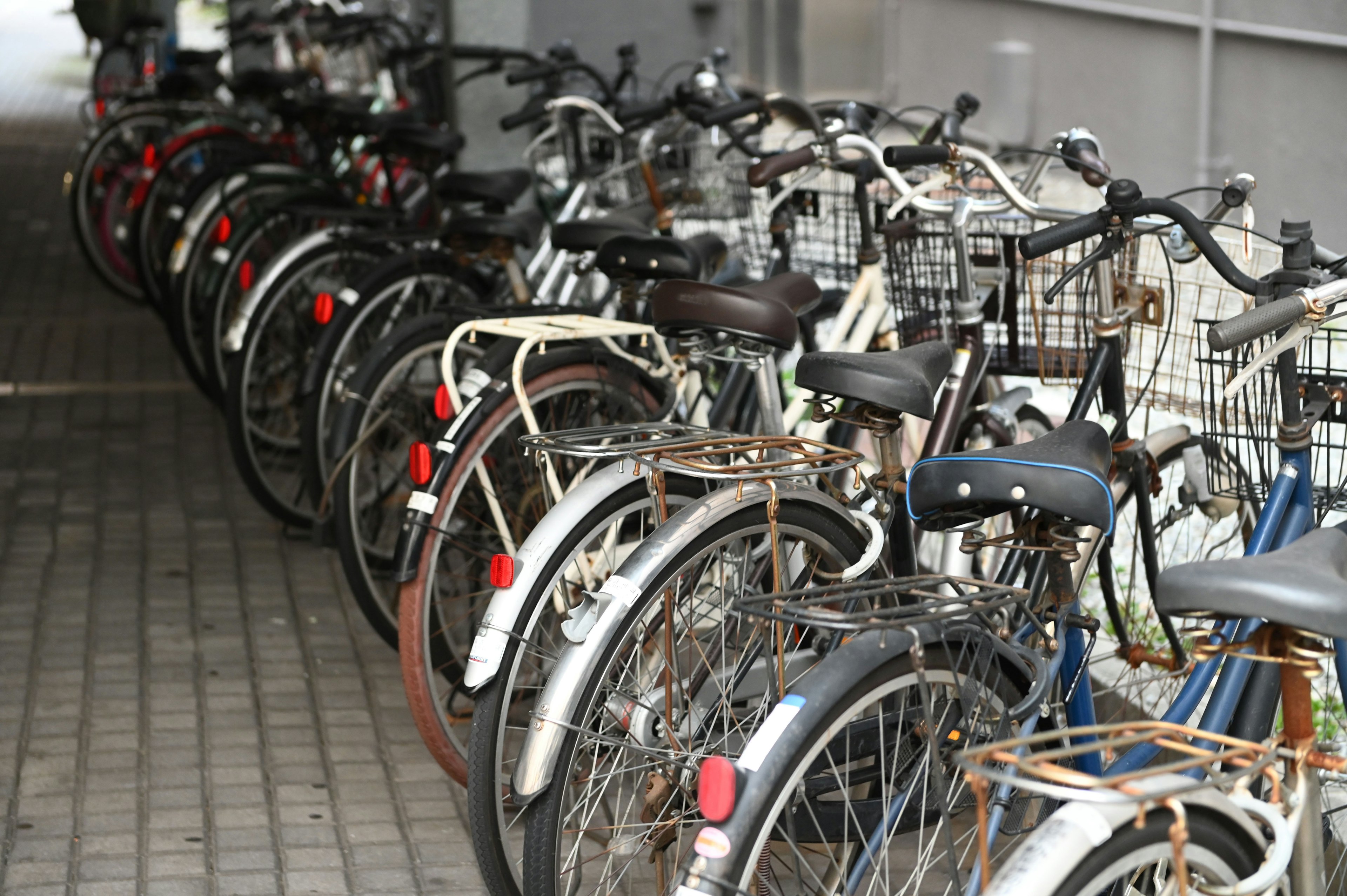 A row of parked bicycles in a narrow space