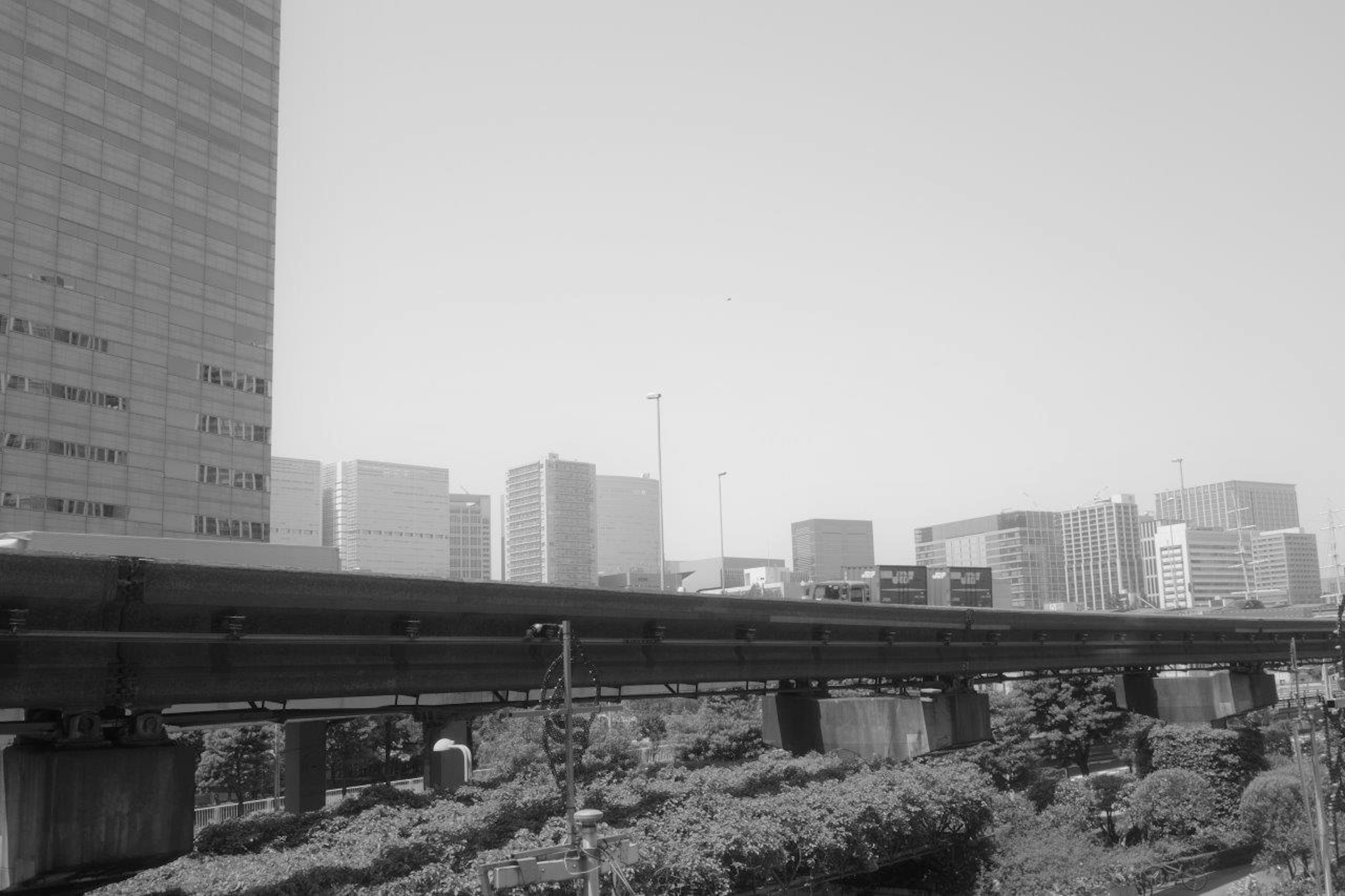 Black and white urban landscape featuring skyscrapers and a bridge