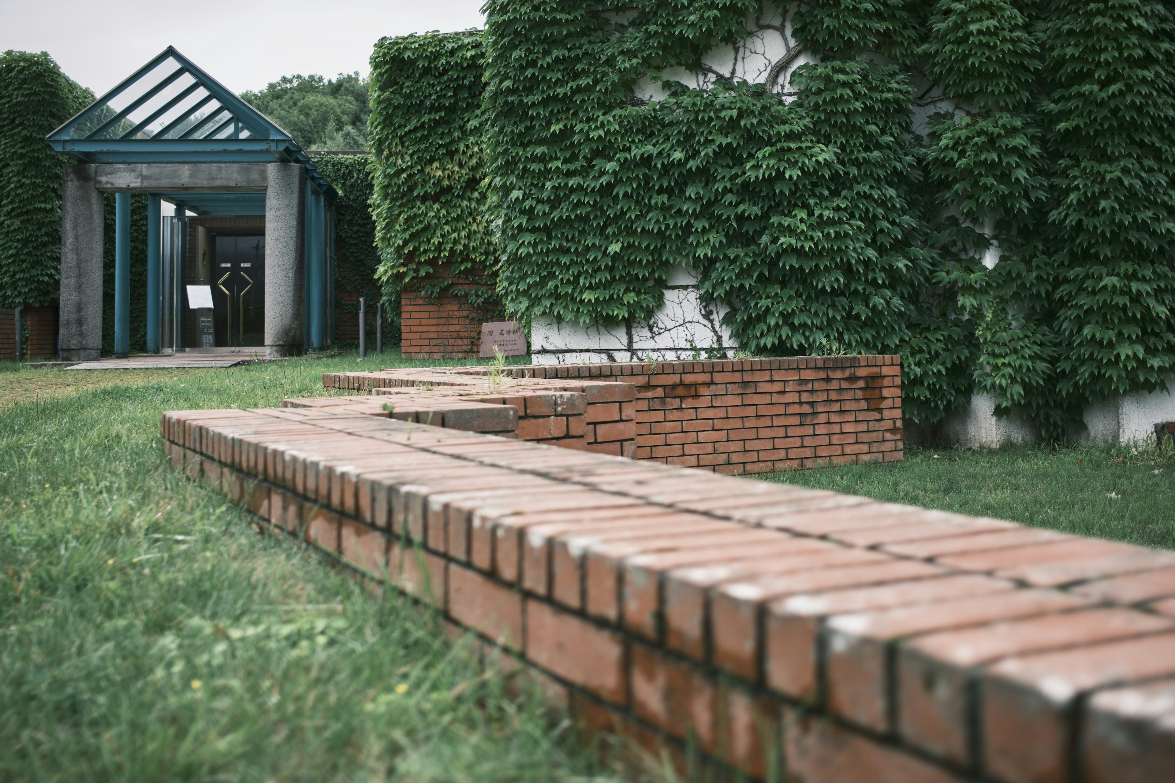 Vue extérieure d'un bâtiment avec des murs recouverts de lierre et un chemin en briques