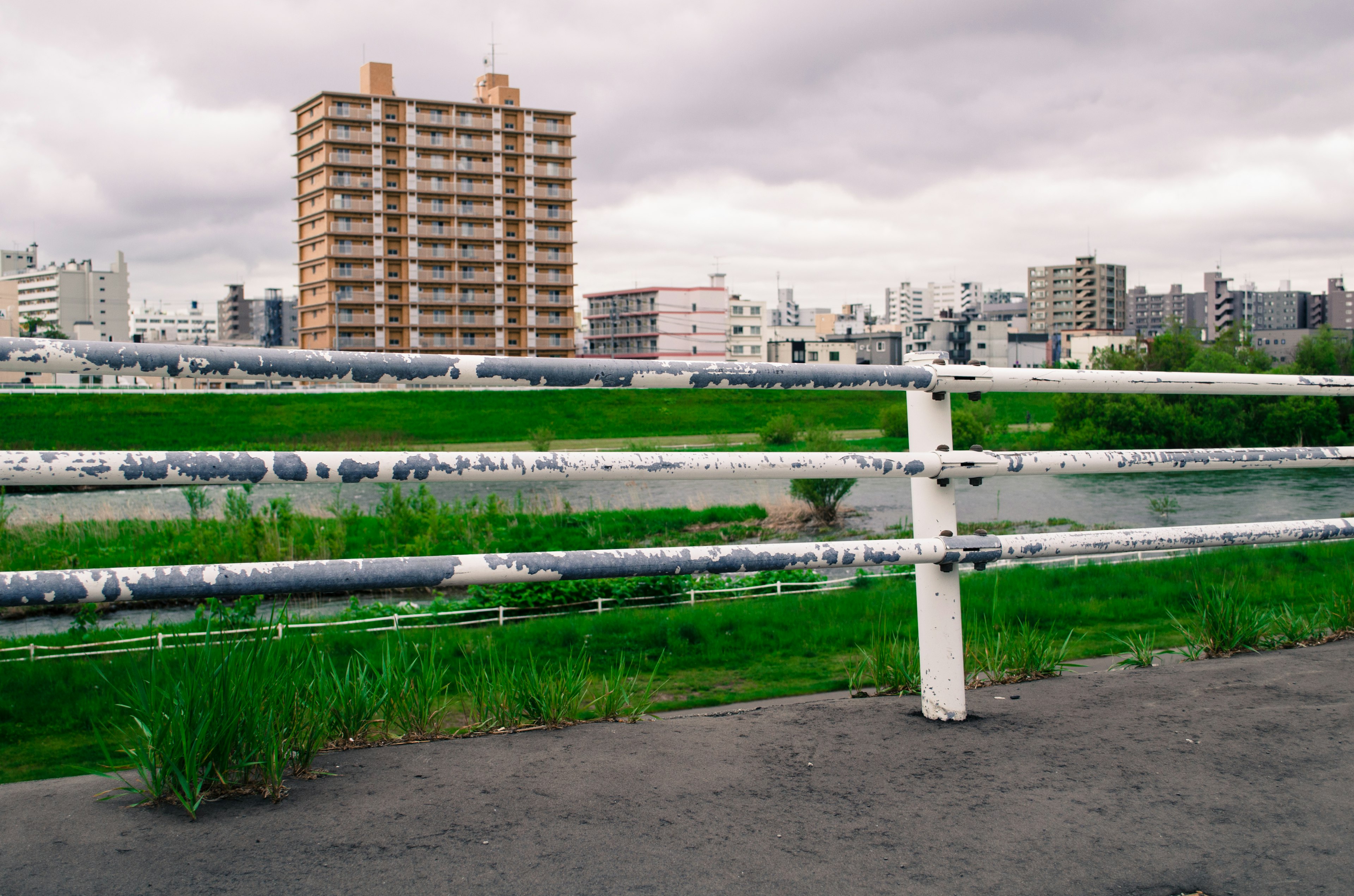 Vista de un río y edificios bajo un cielo nublado con una cerca cubierta de hierba