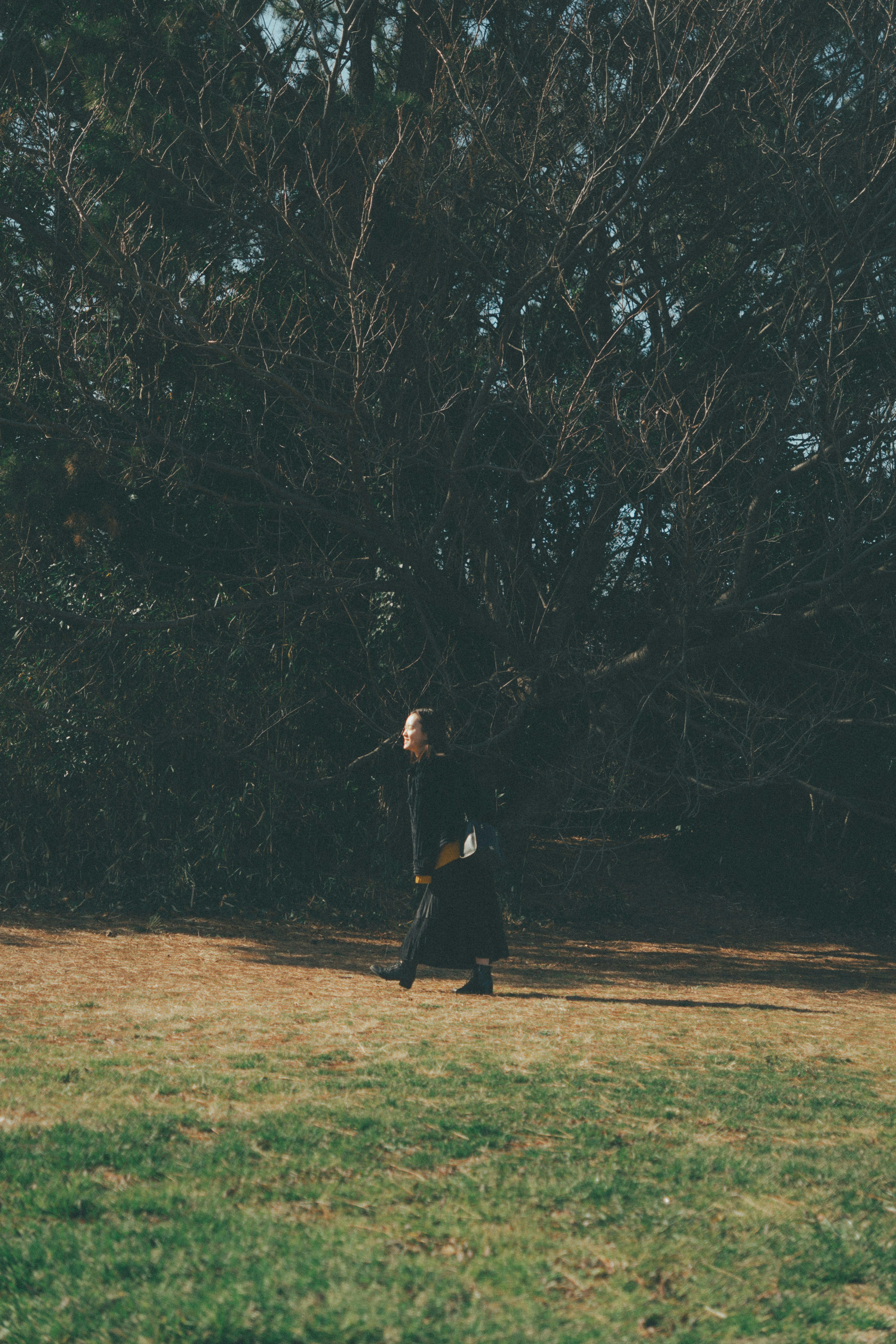 A woman in black clothing standing on grass with dark trees in the background