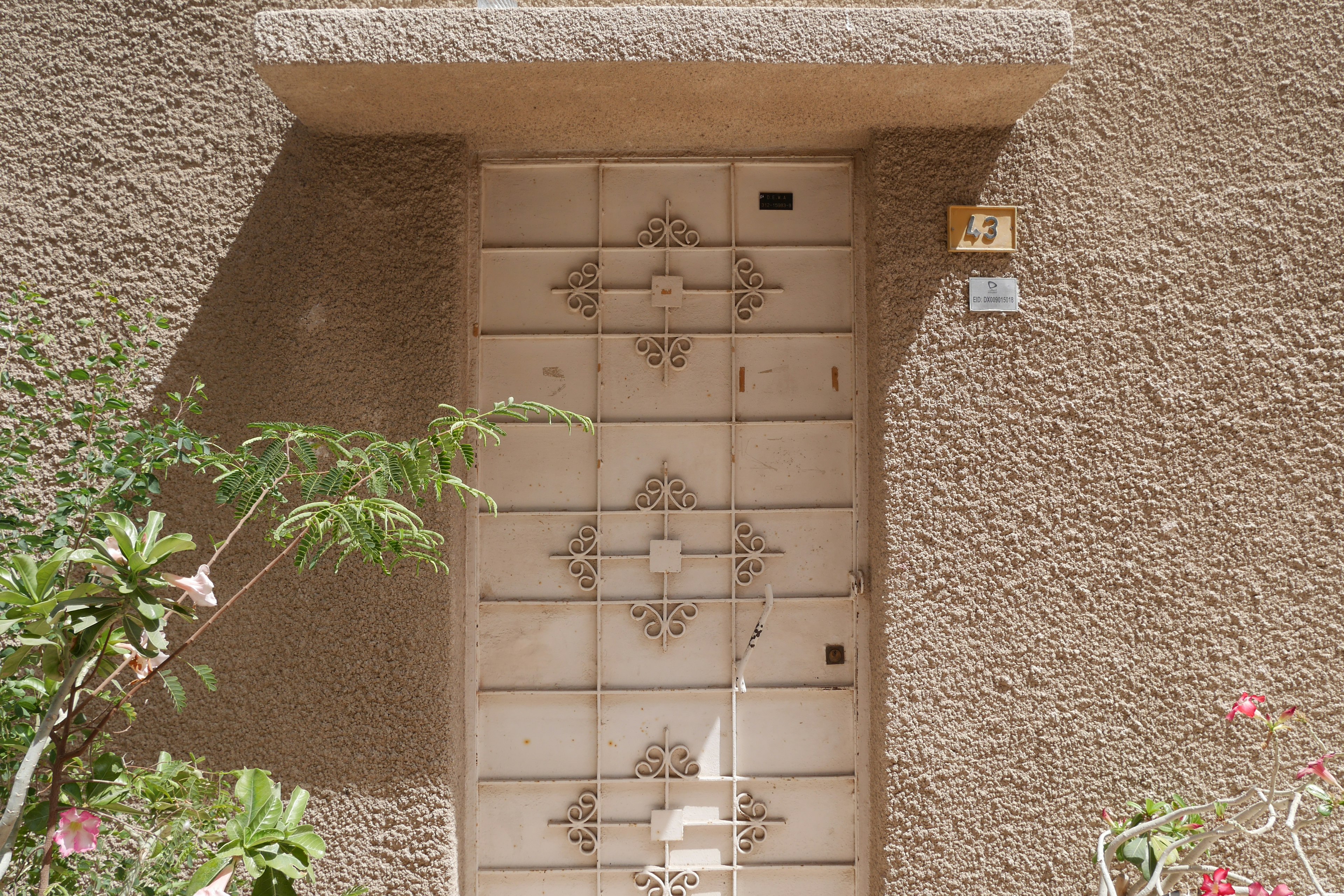 Puerta de madera decorativa en una pared de color arena de un edificio