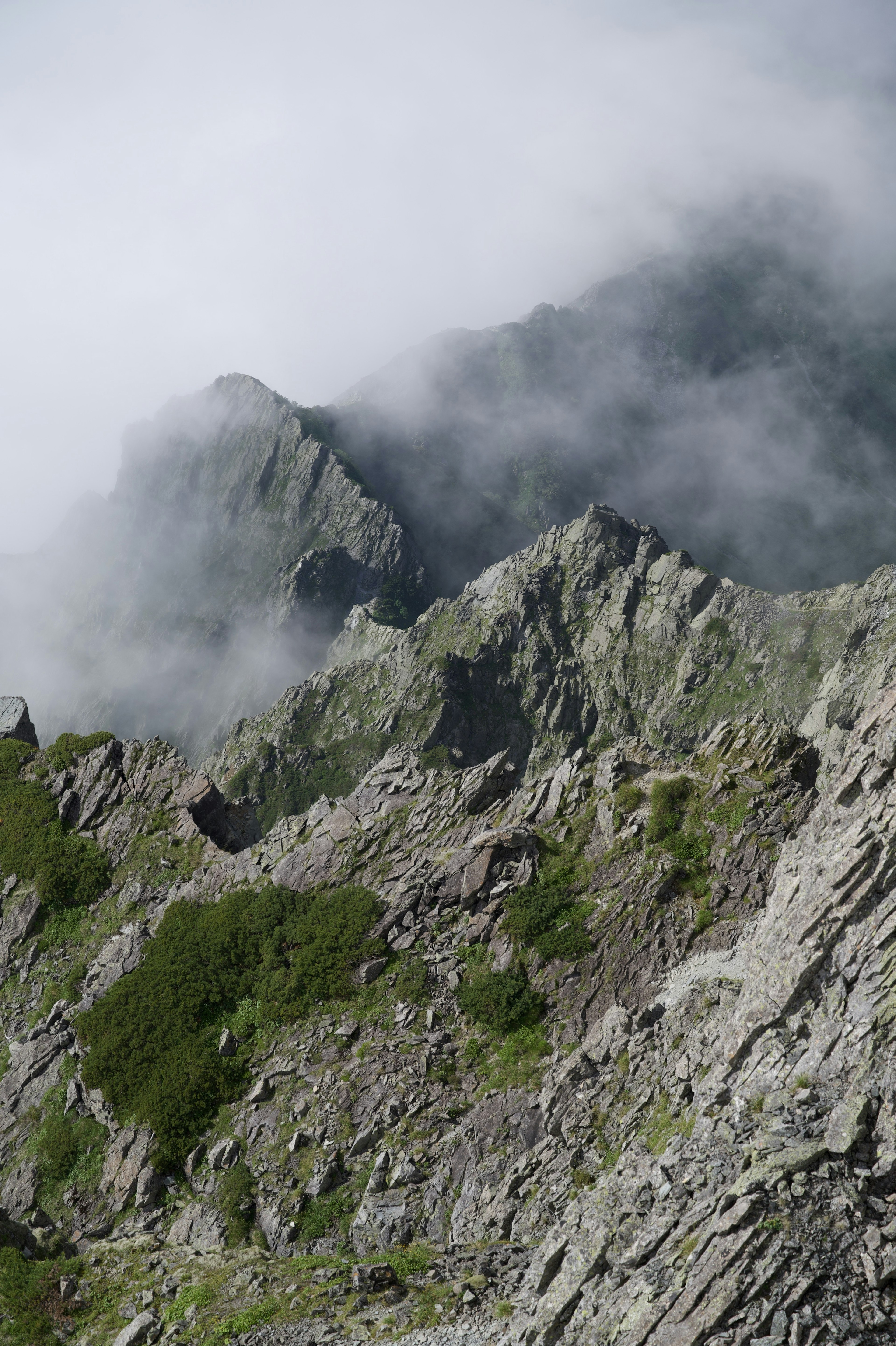 Mountain landscape shrouded in mist featuring jagged rock peaks and lush greenery