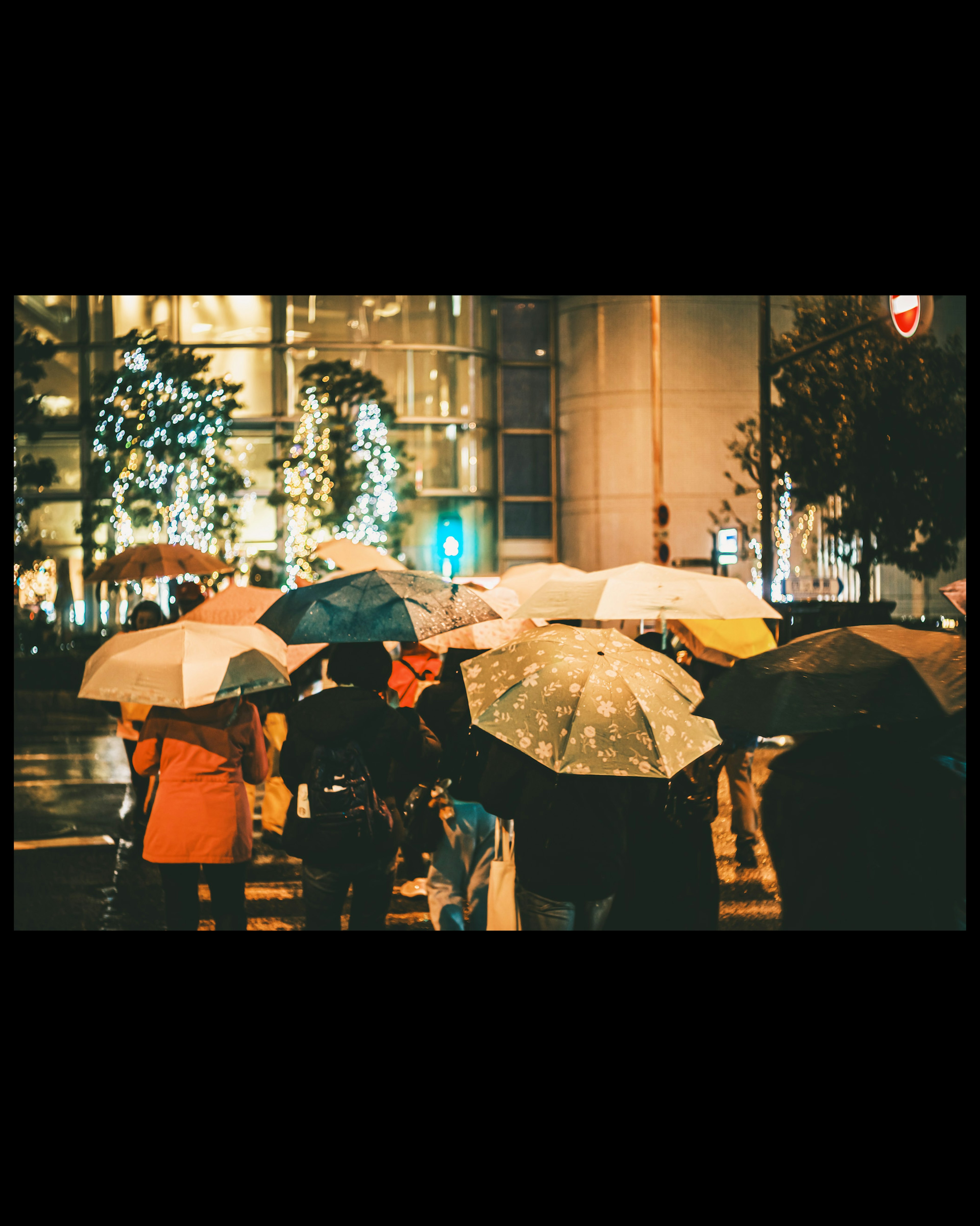 雨の中で傘を持つ人々の群れと夜の街の明かり