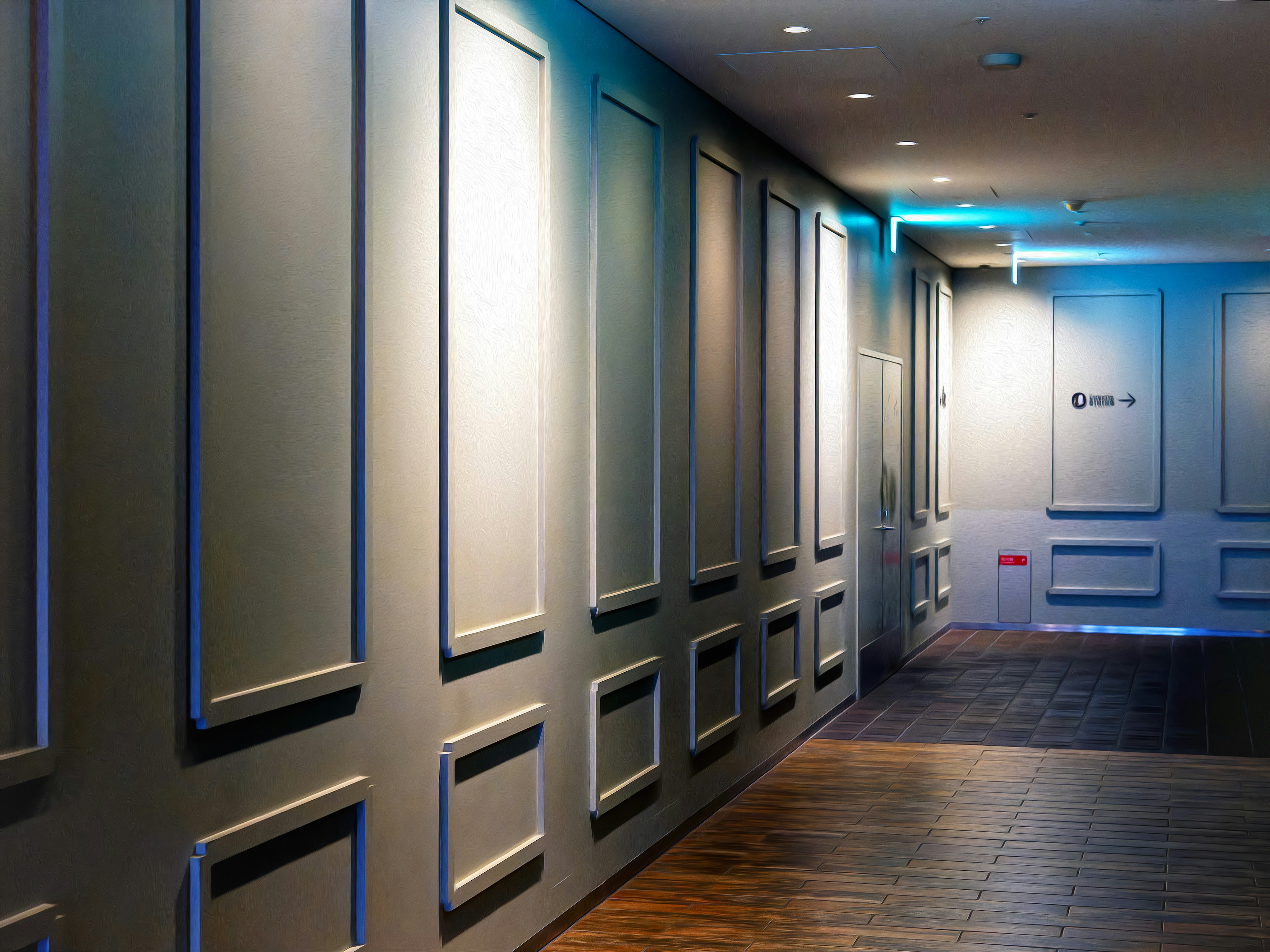 Modern hallway with decorative paneling and blue lighting