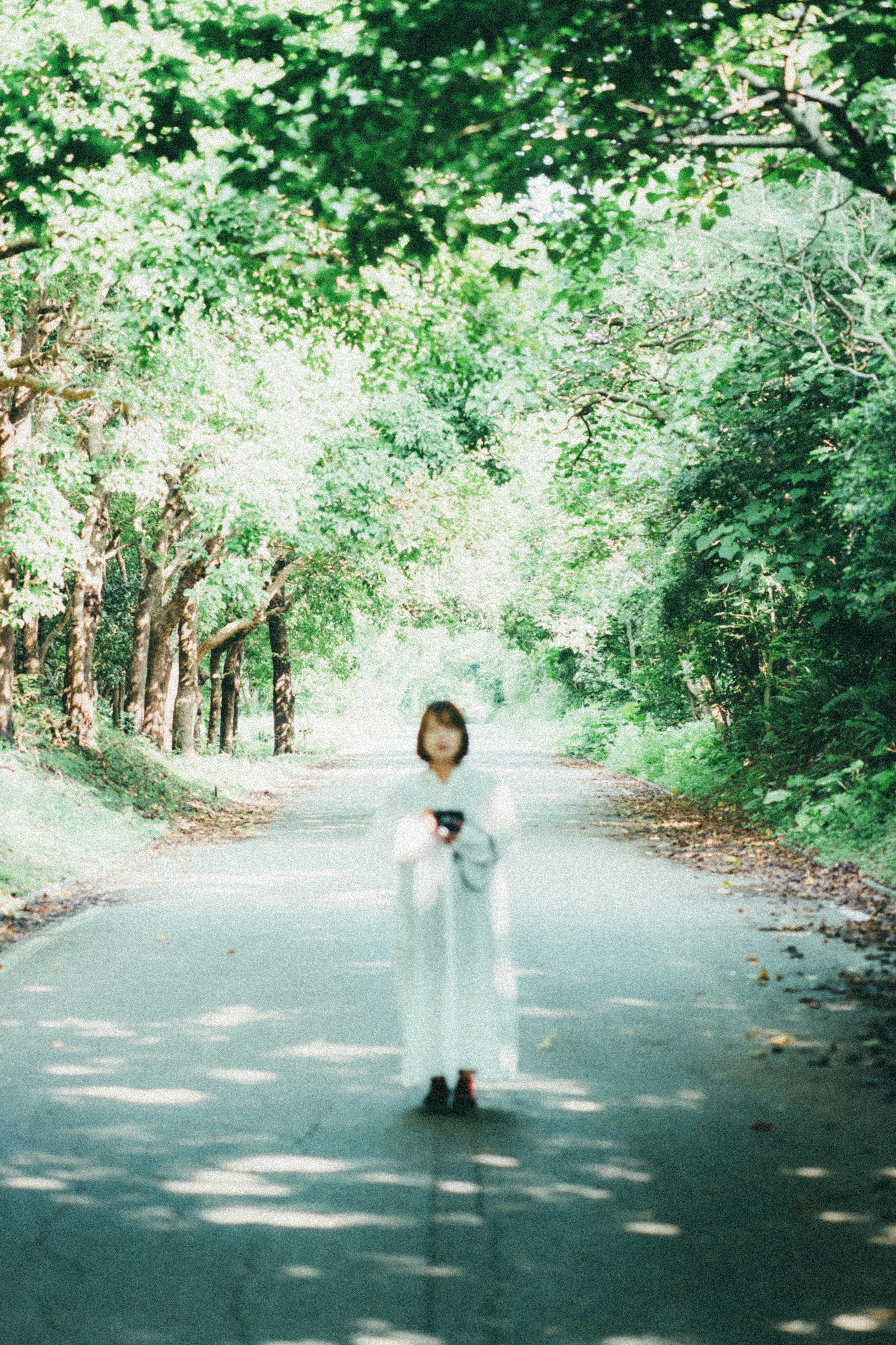 A girl in a white dress standing on a tree-lined road