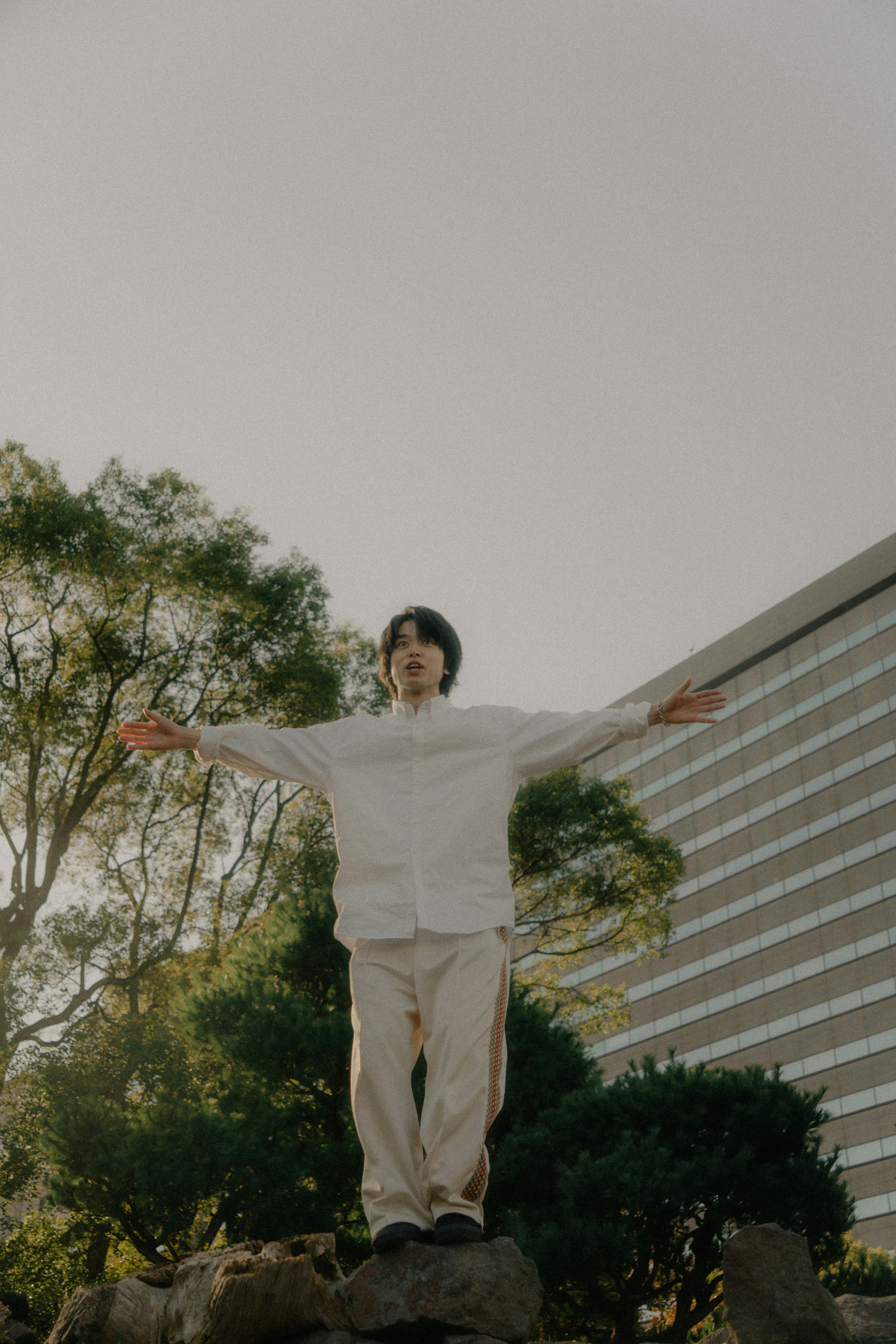 Young man standing on a rock with arms outstretched in a natural setting