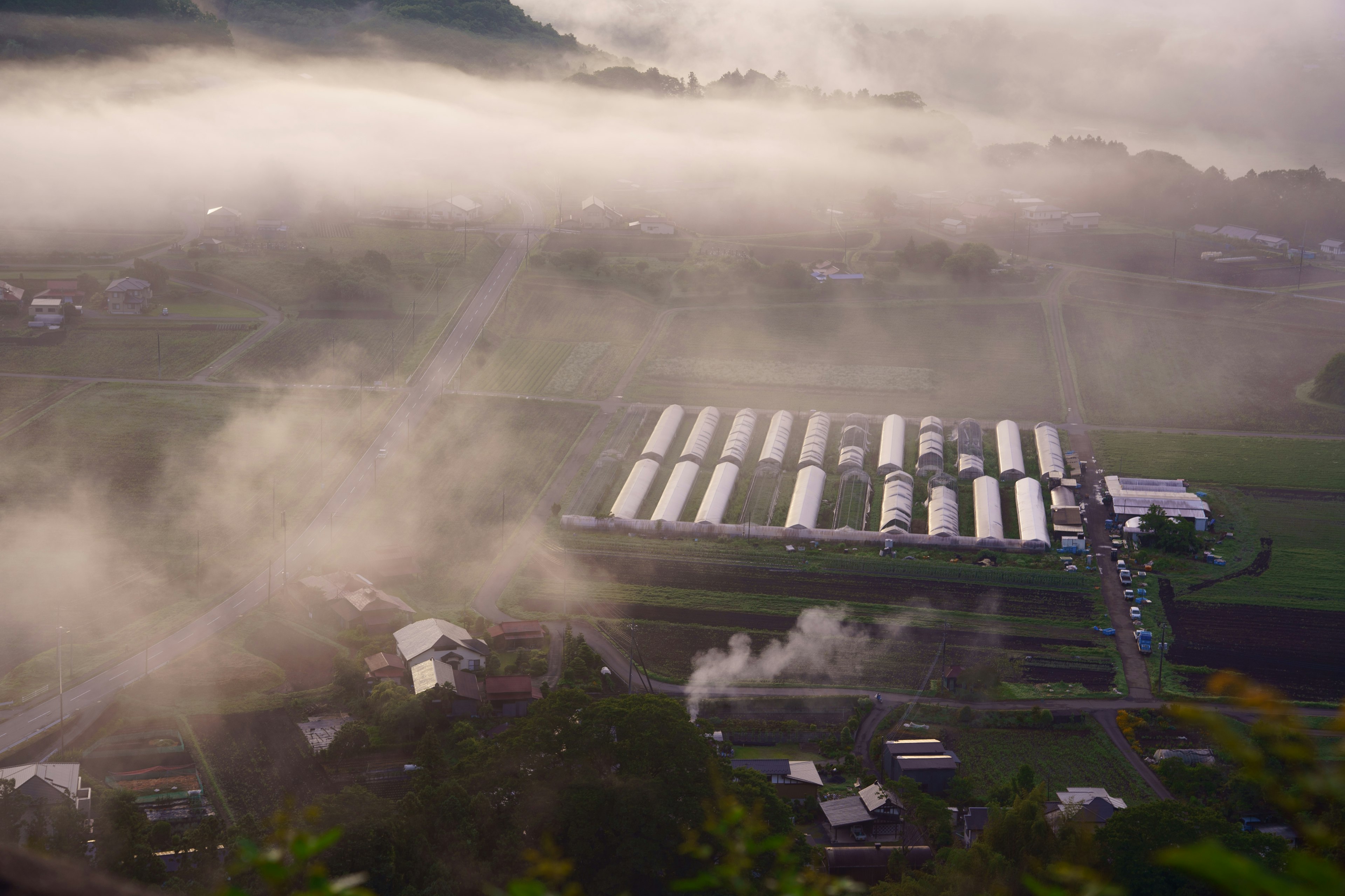 Vista aerea di una fattoria avvolta nella nebbia con più serre