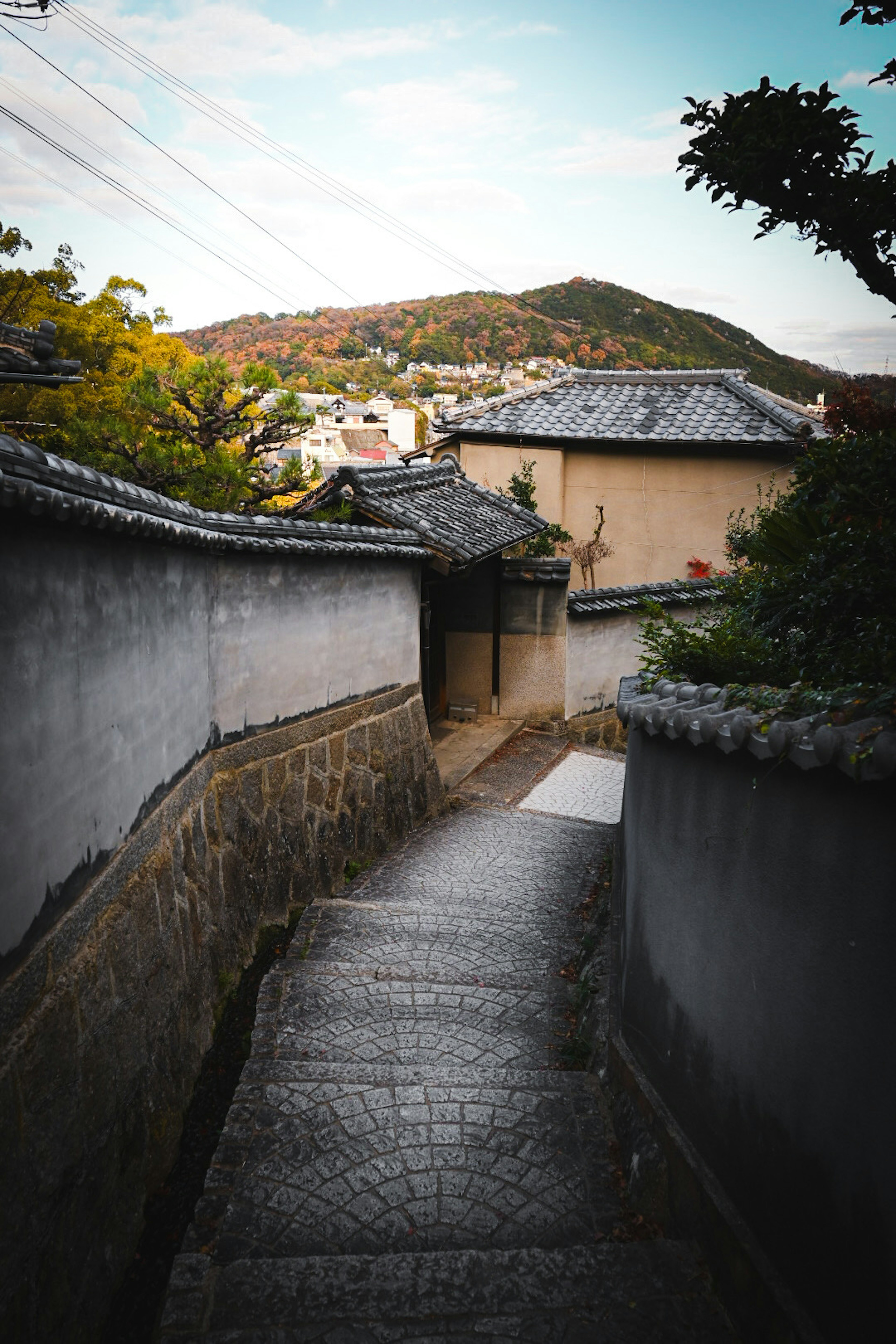 狭窄的石头小路经过传统建筑，背景是山