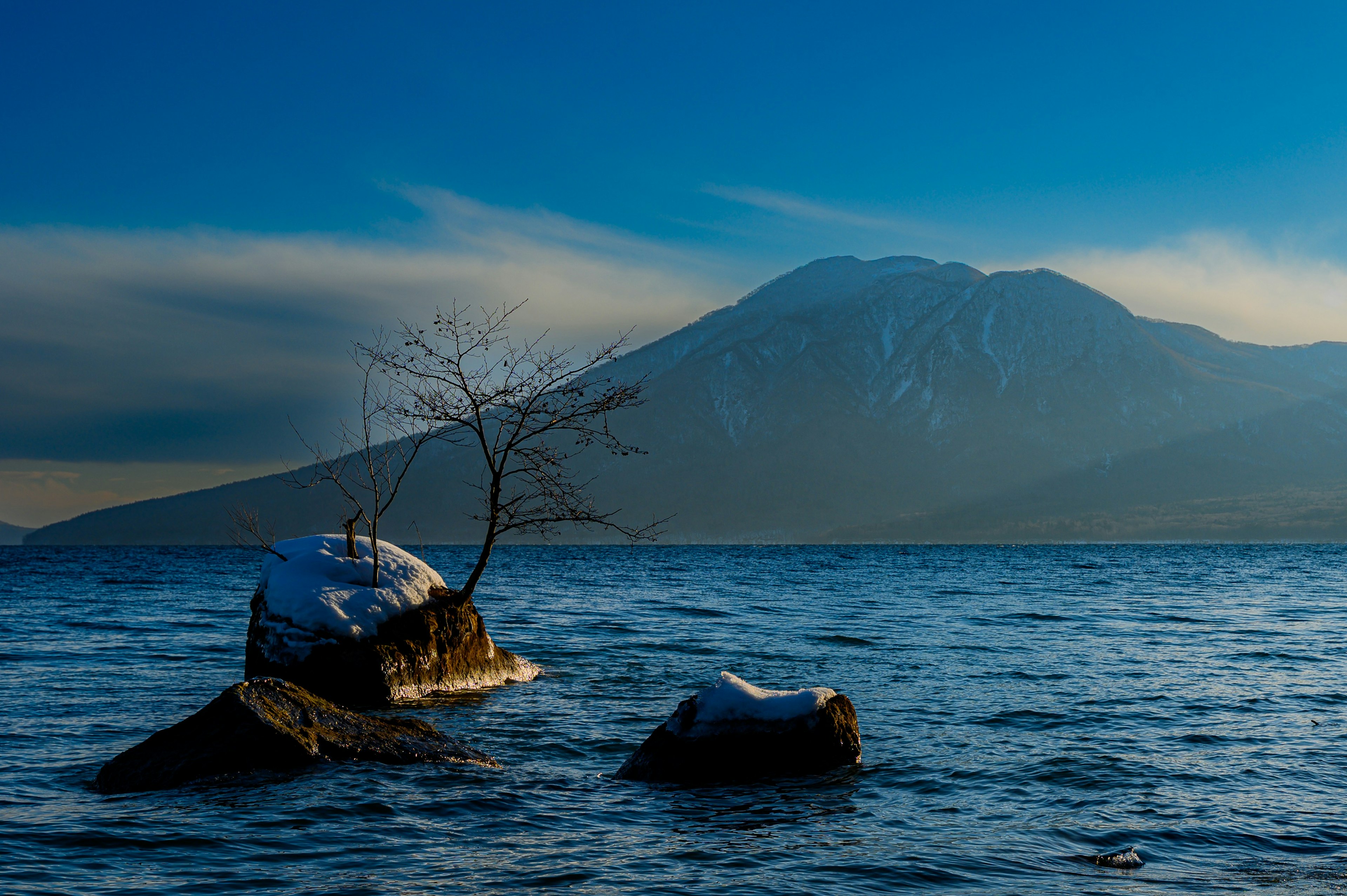 Eine ruhige Szene mit schneebedeckten Felsen und einem kleinen Baum, der aus dem Wasser ragt