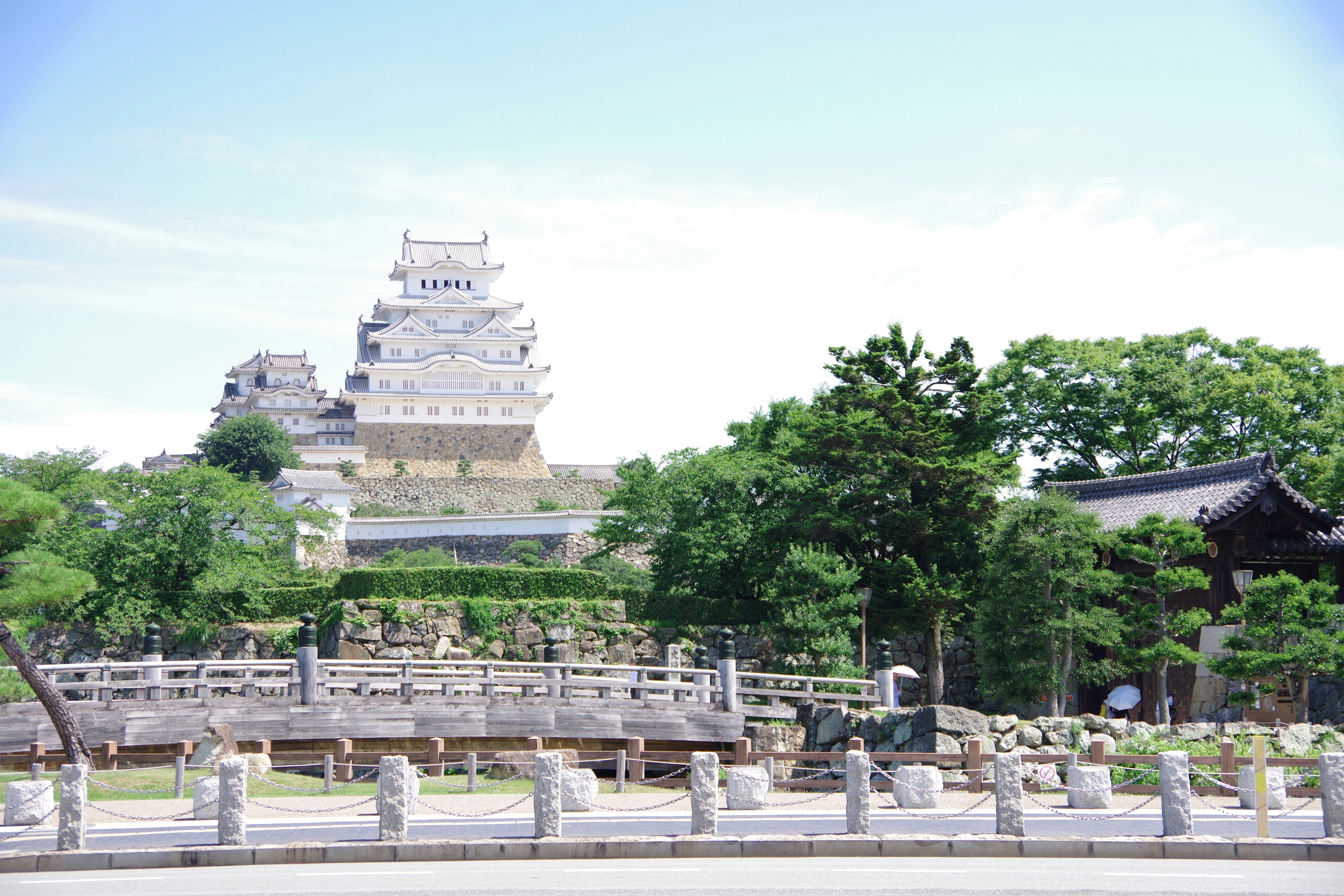 Vue panoramique du château de Himeji avec une végétation luxuriante