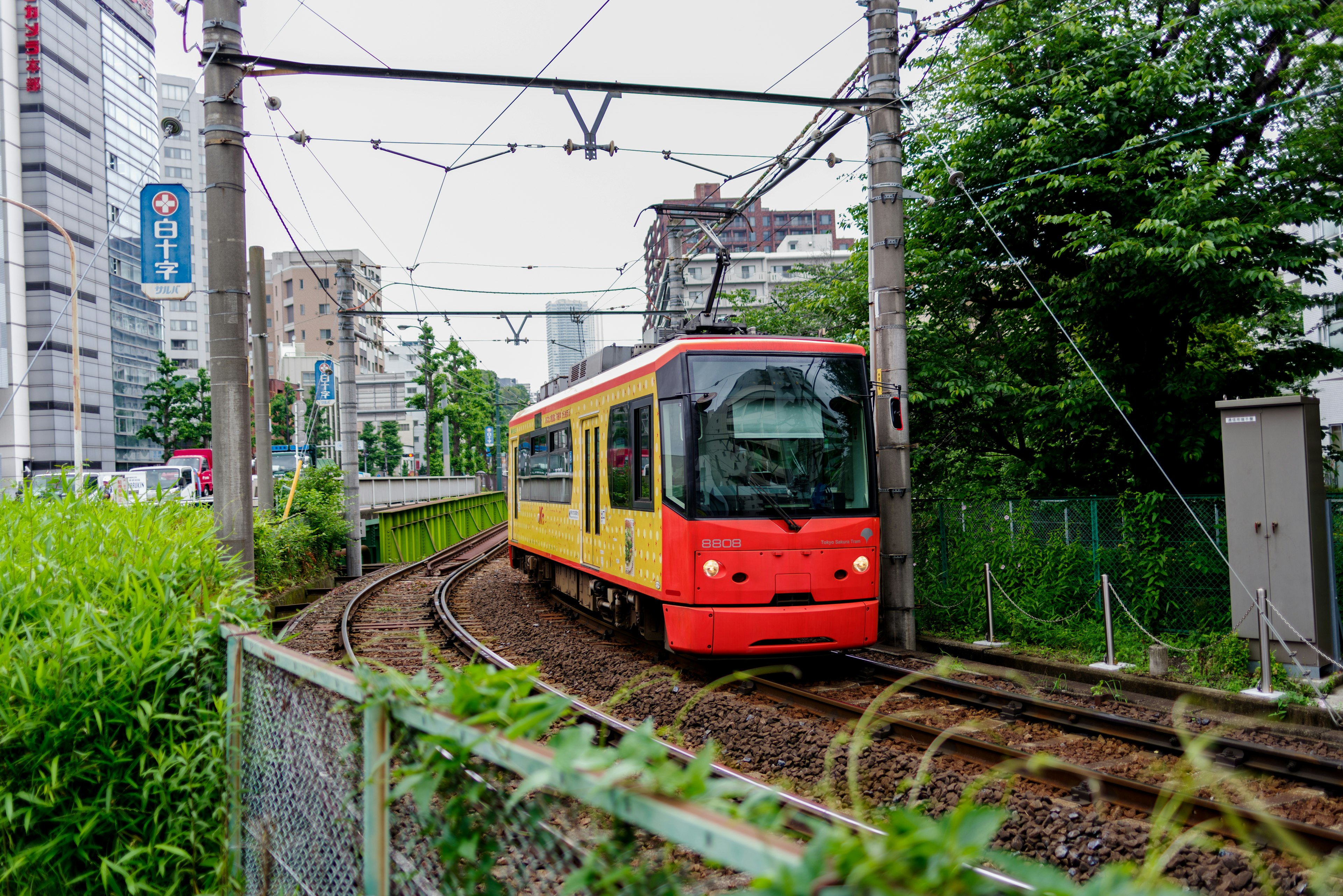 Tram kuning dan merah yang melintasi jalur melengkung dikelilingi oleh tanaman hijau