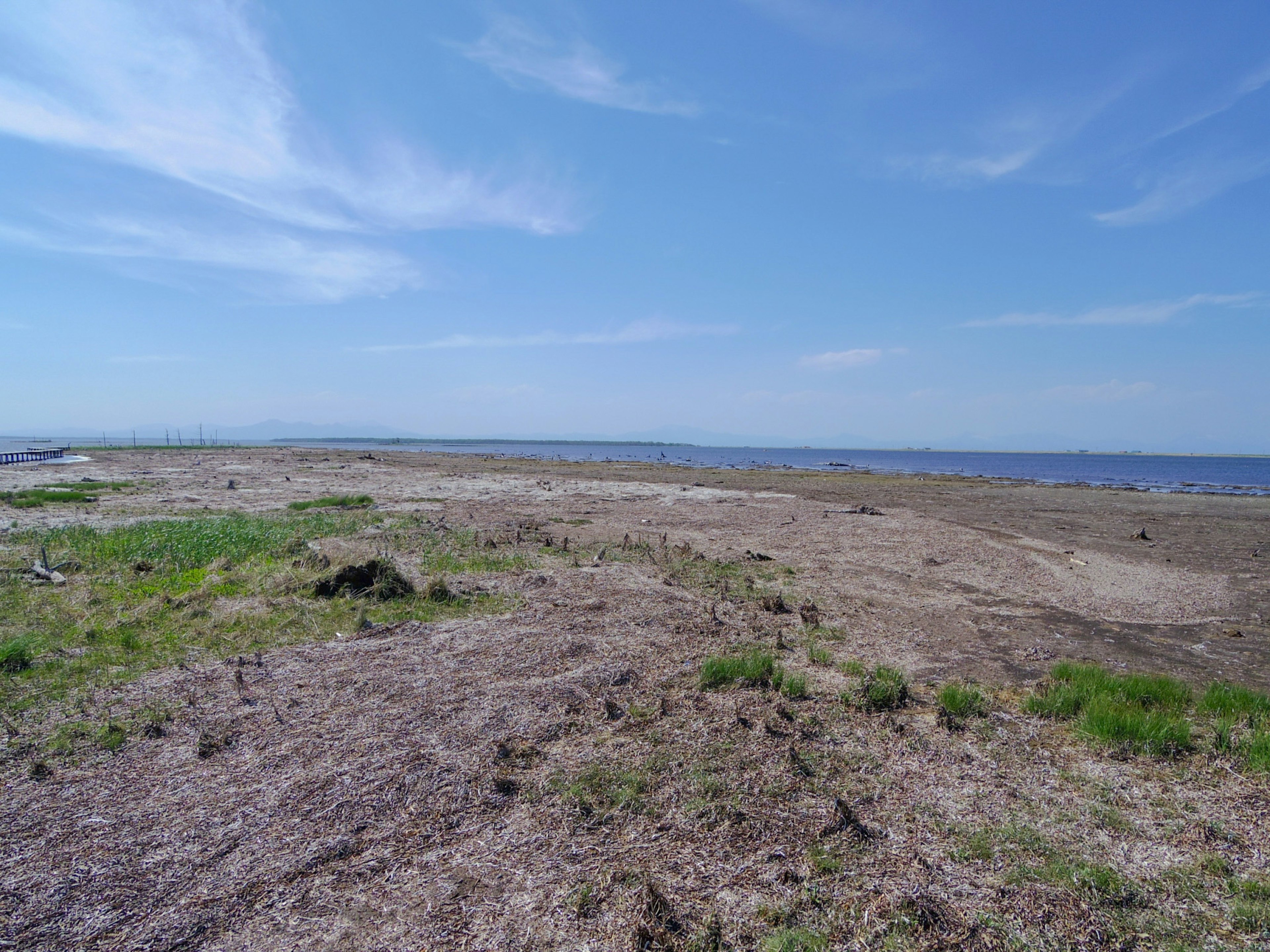 Eine Landschaft mit einer grasbewachsenen Fläche unter einem blauen Himmel und dem Ozean