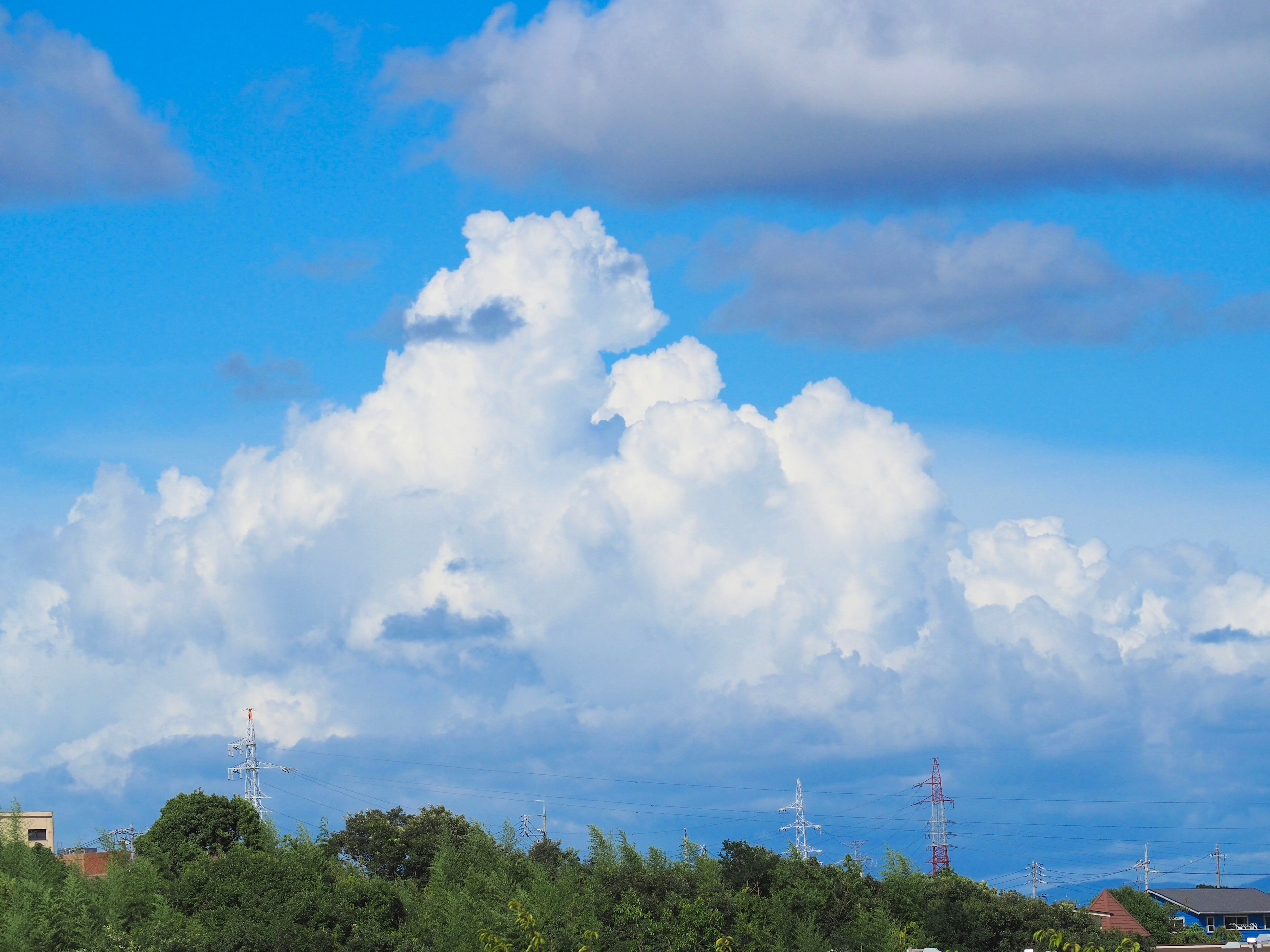 Un paysage avec des nuages blancs dans un ciel bleu et des arbres verts avec des lignes électriques