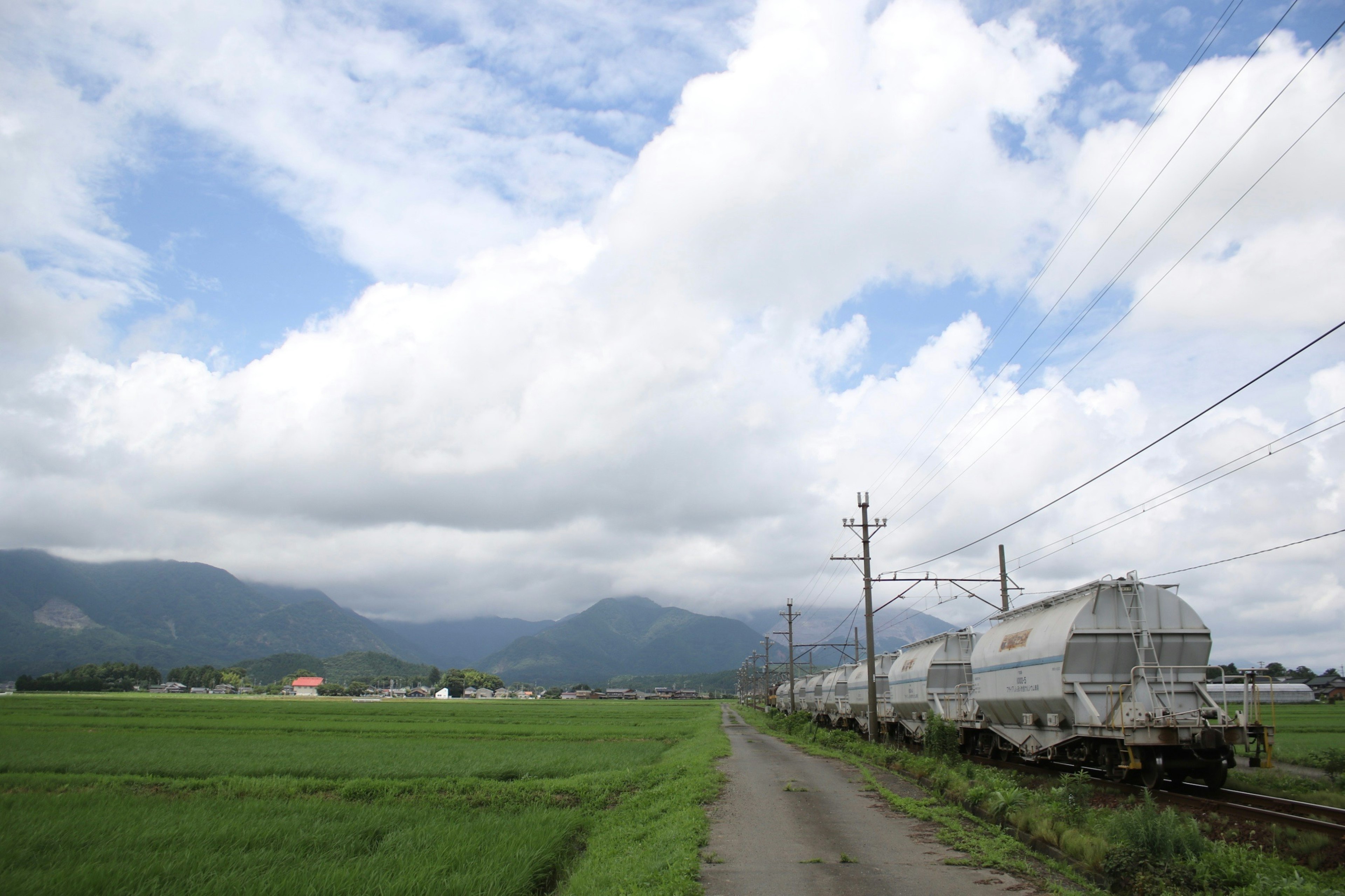 Train de marchandises circulant à côté de champs de riz sous un ciel nuageux