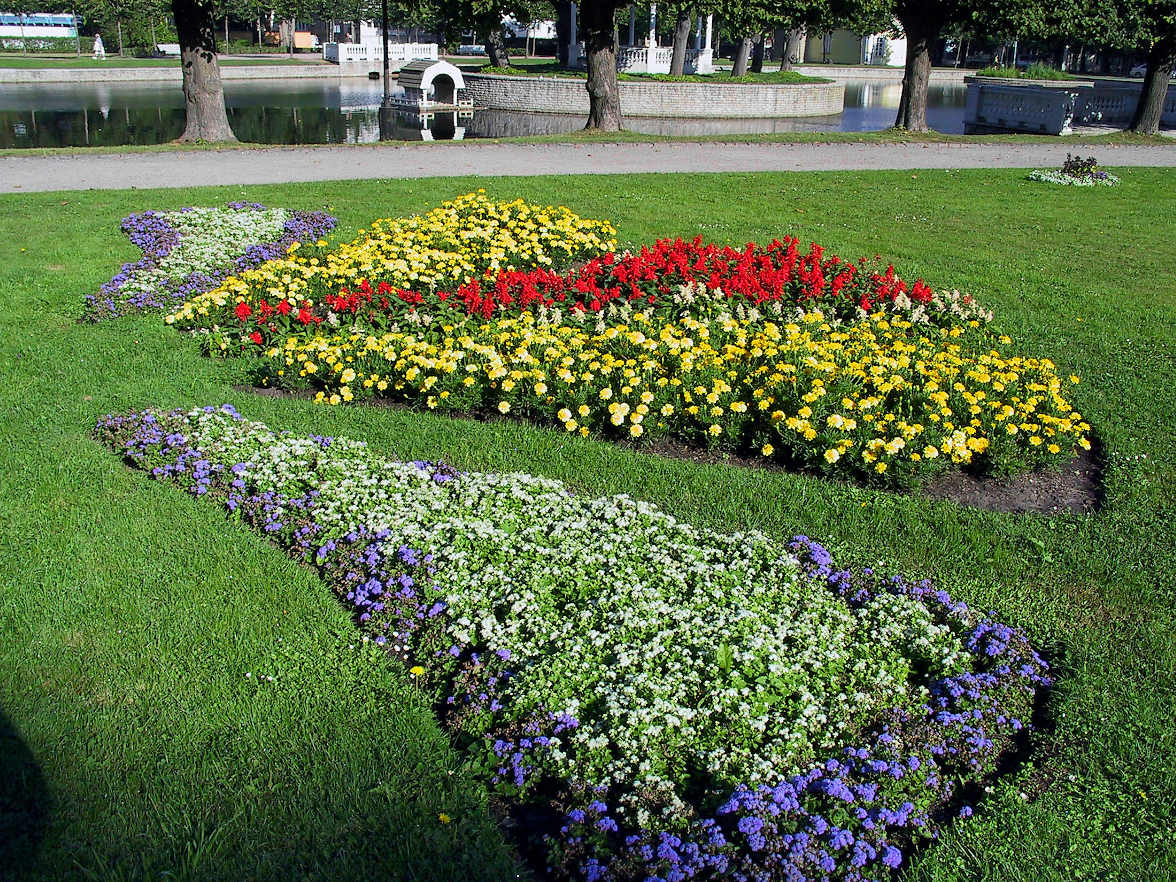 Bunte Blumenbeet in Form eines Fisches in einem Park