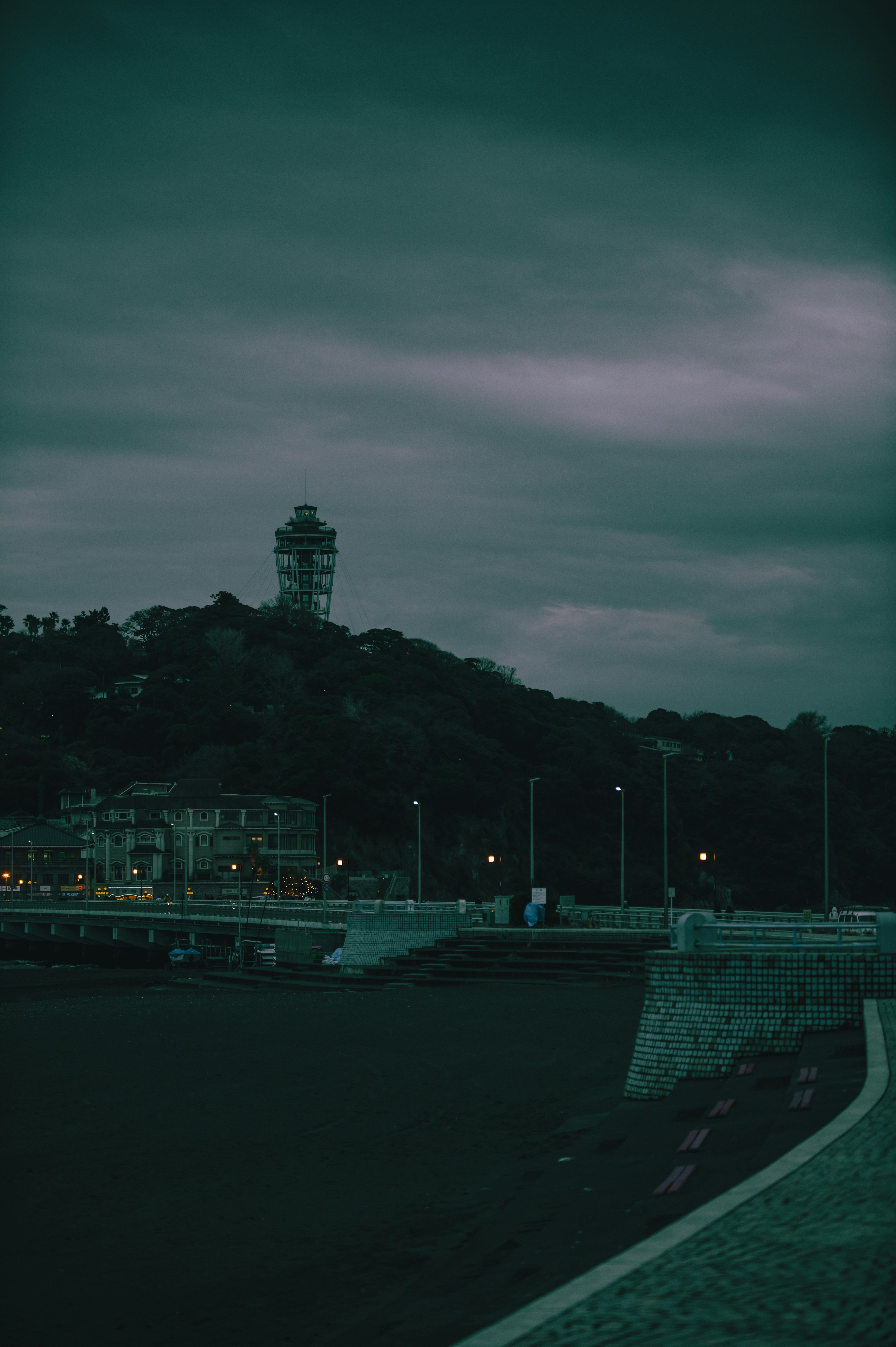 Dark coastal landscape featuring illuminated buildings and a hill