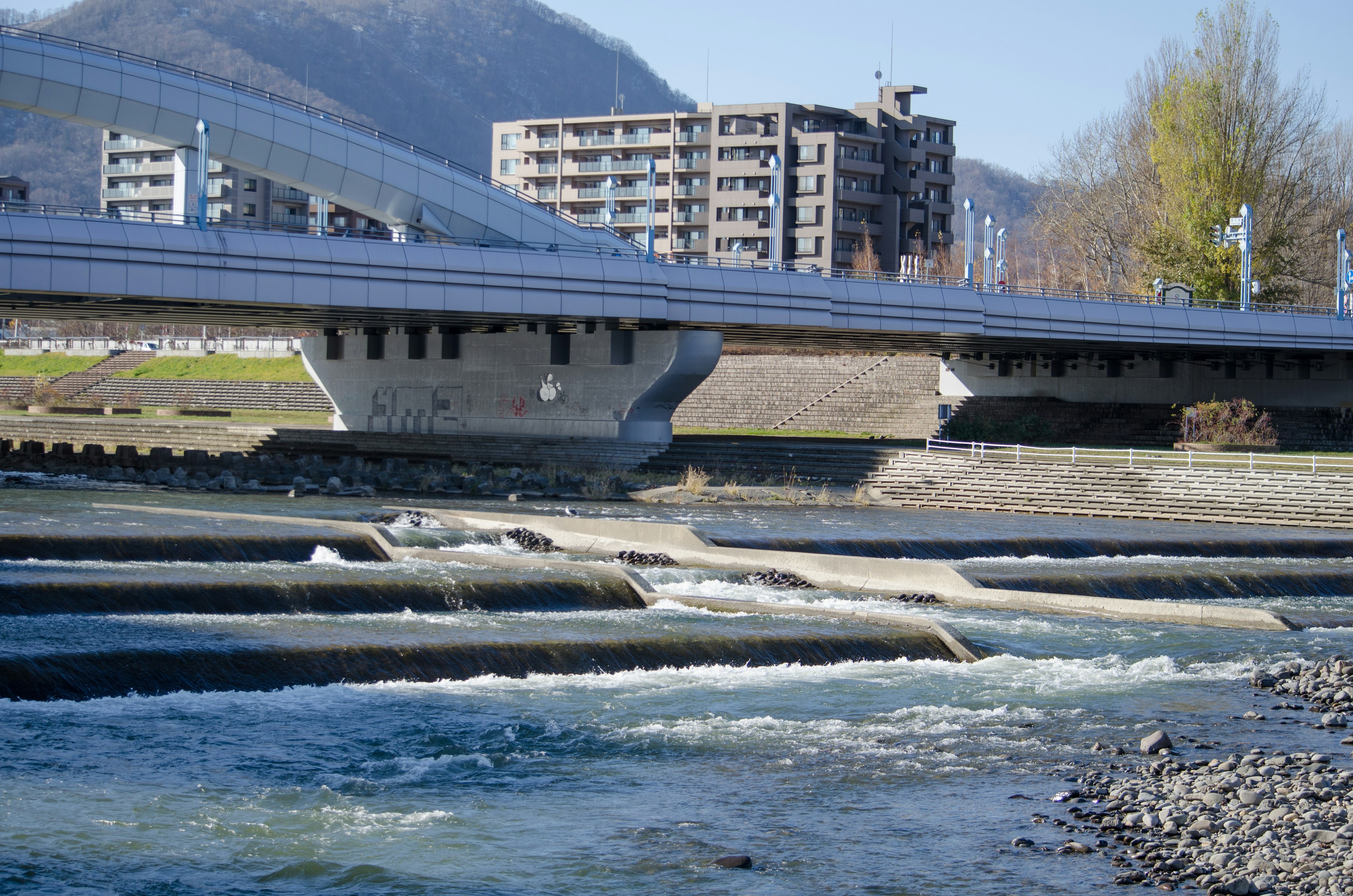 Escena de río y puente con un edificio de gran altura al fondo