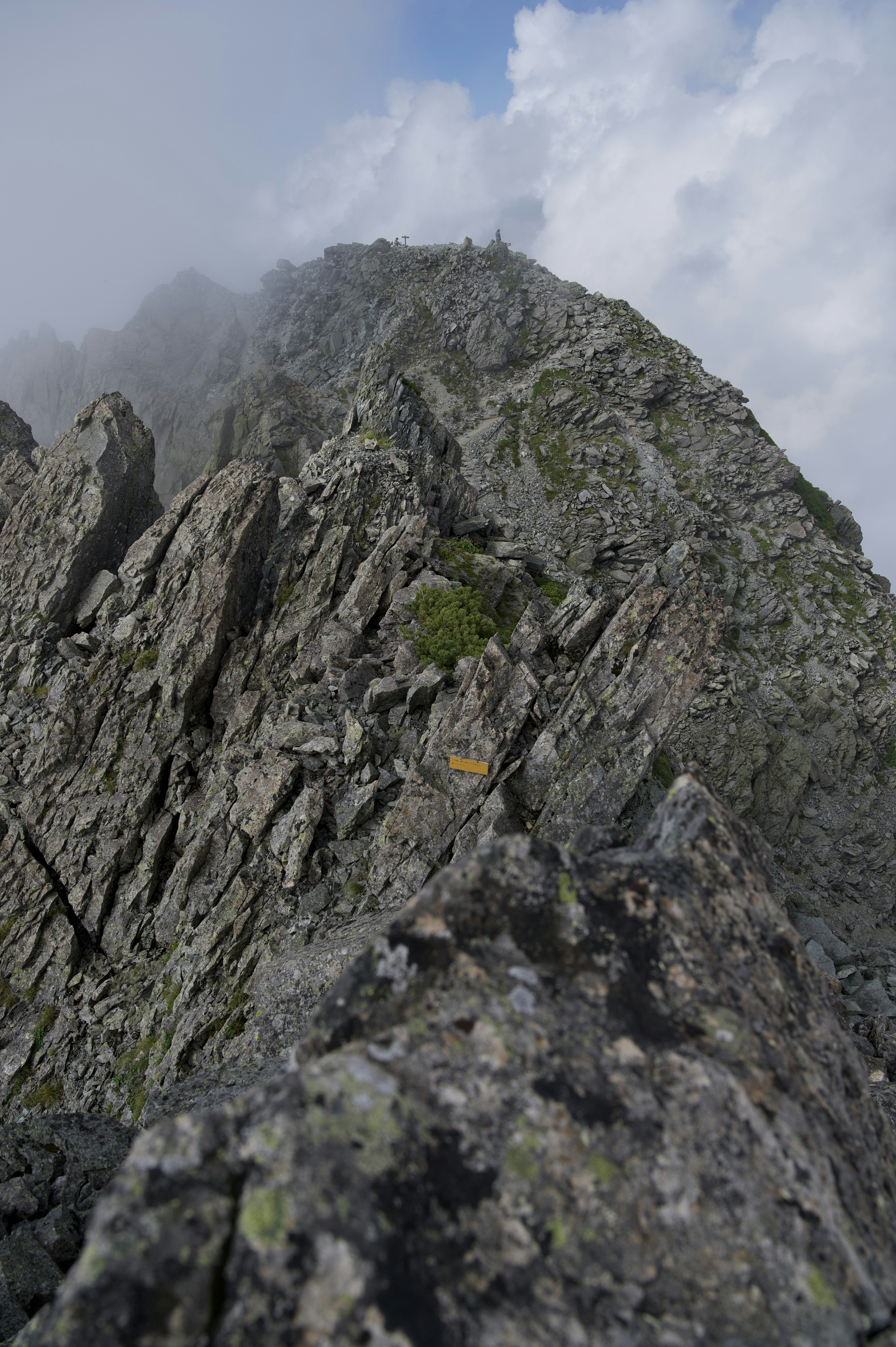 Cima de montaña escarpada envuelta en niebla con superficie rocosa