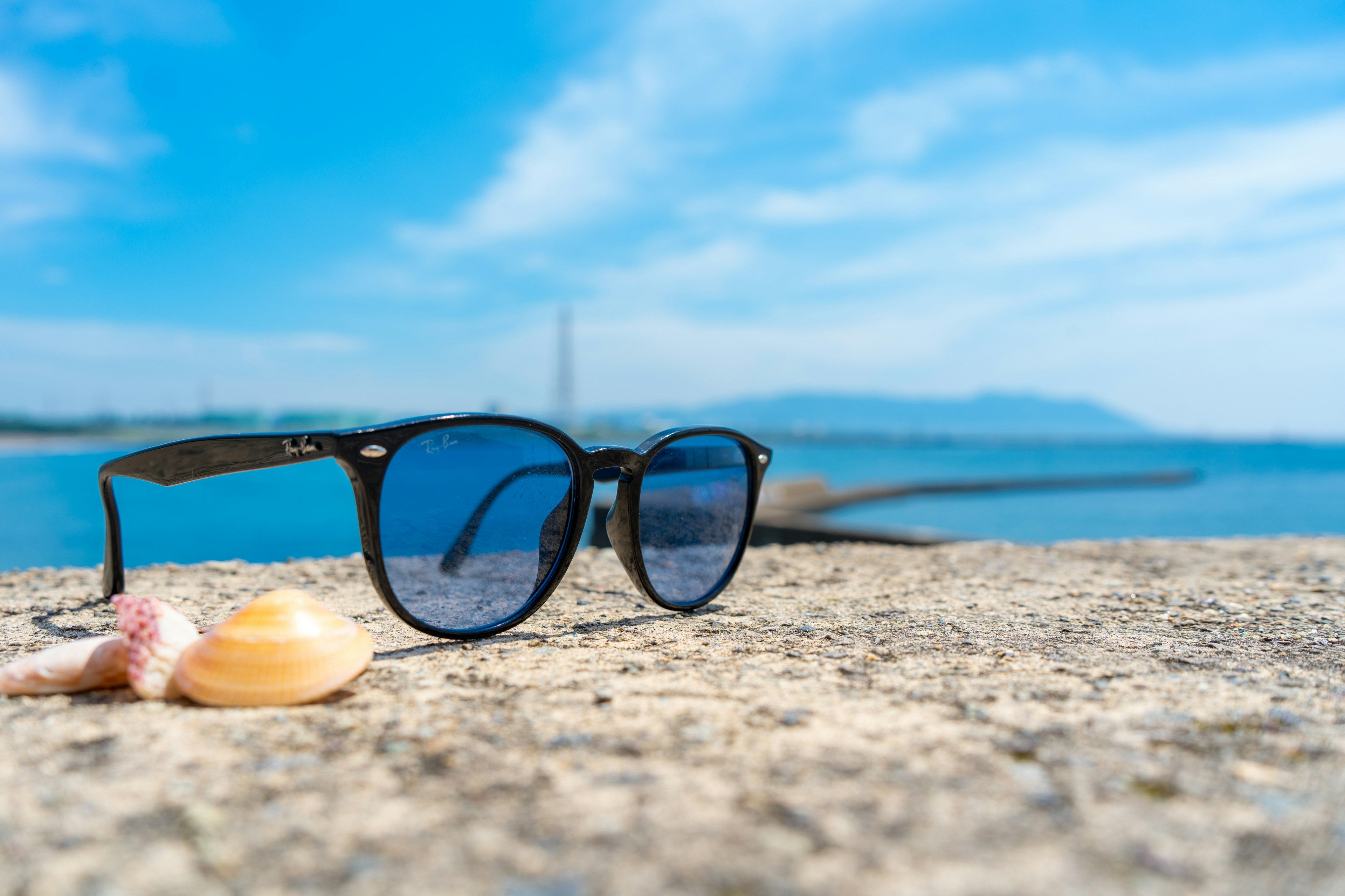 Occhiali da sole neri e una conchiglia su una superficie di pietra al mare sotto un cielo blu