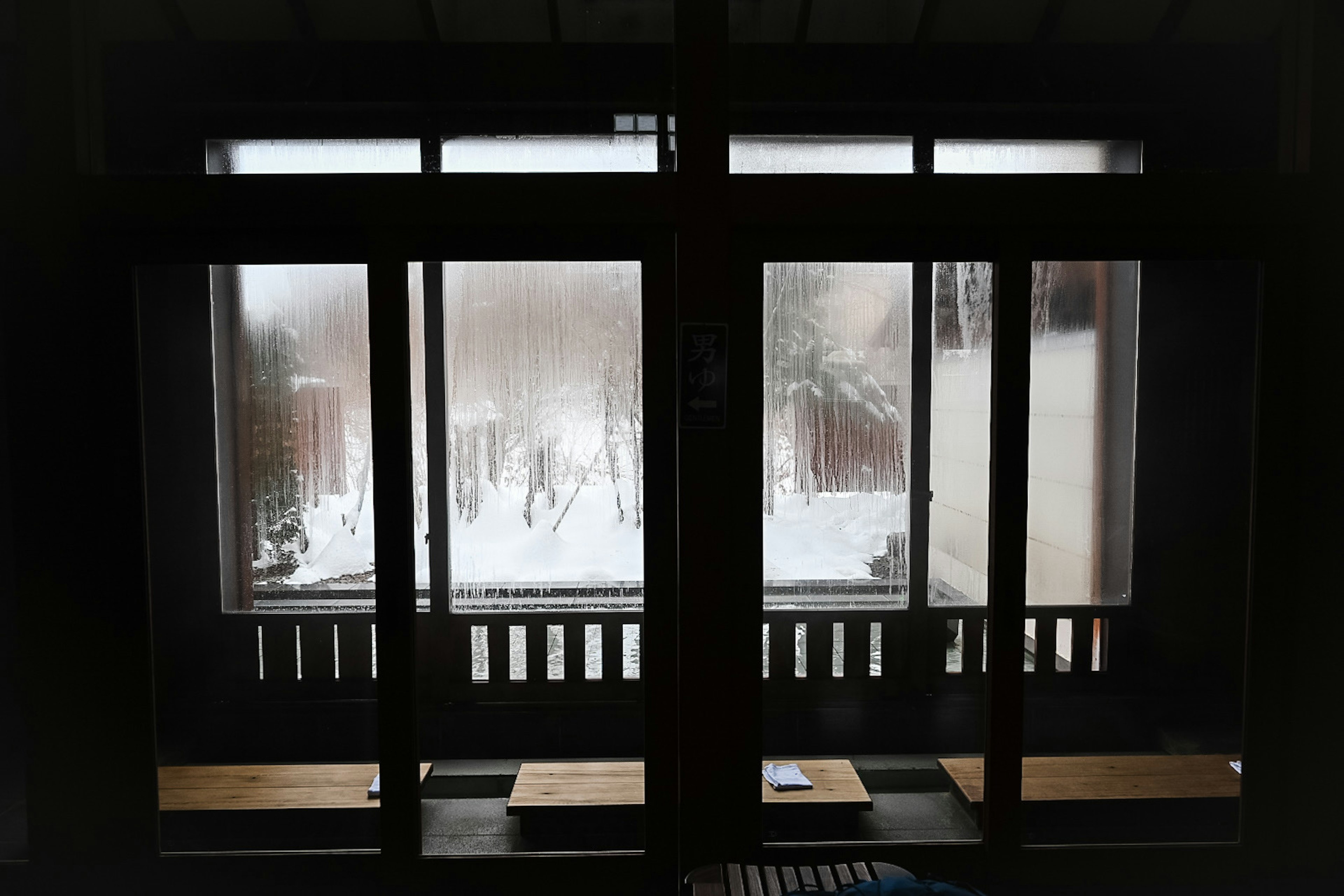 Vista dalla finestra che mostra un paesaggio innevato