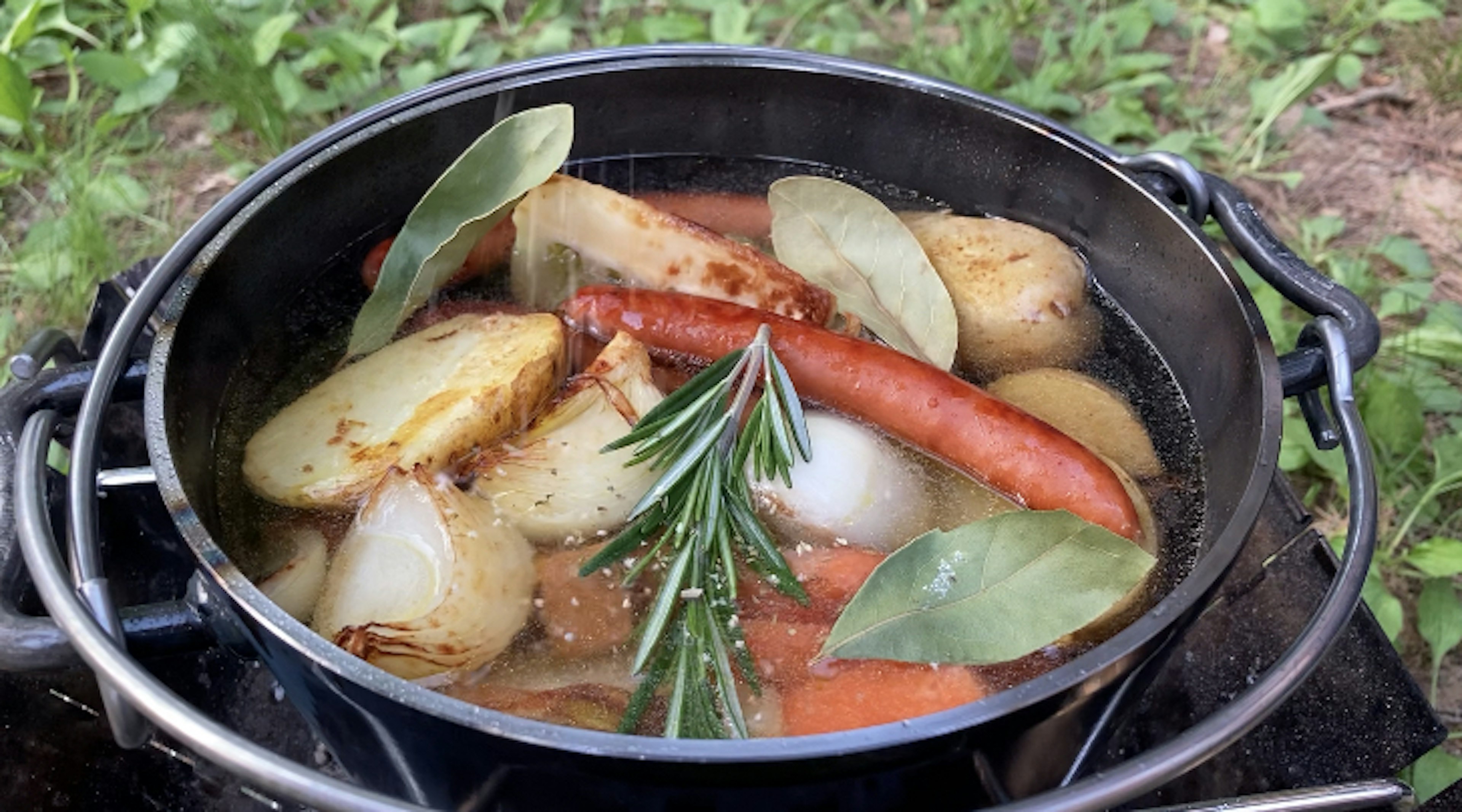 Una olla con papas, zanahorias y salchichas cociéndose al aire libre