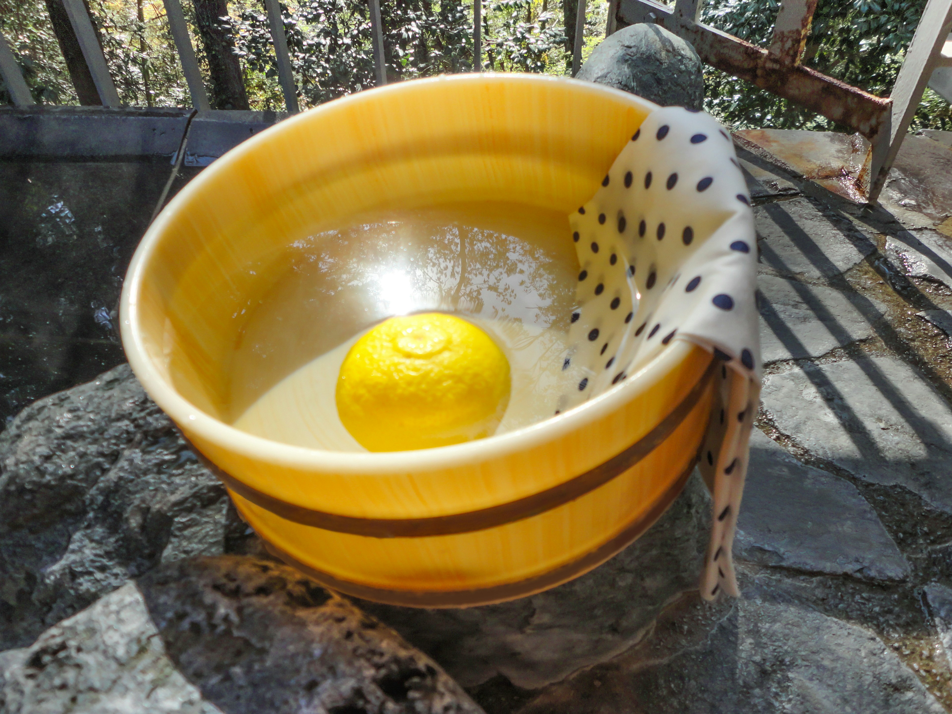 Mangkuk kuning dengan lemon mengapung di air