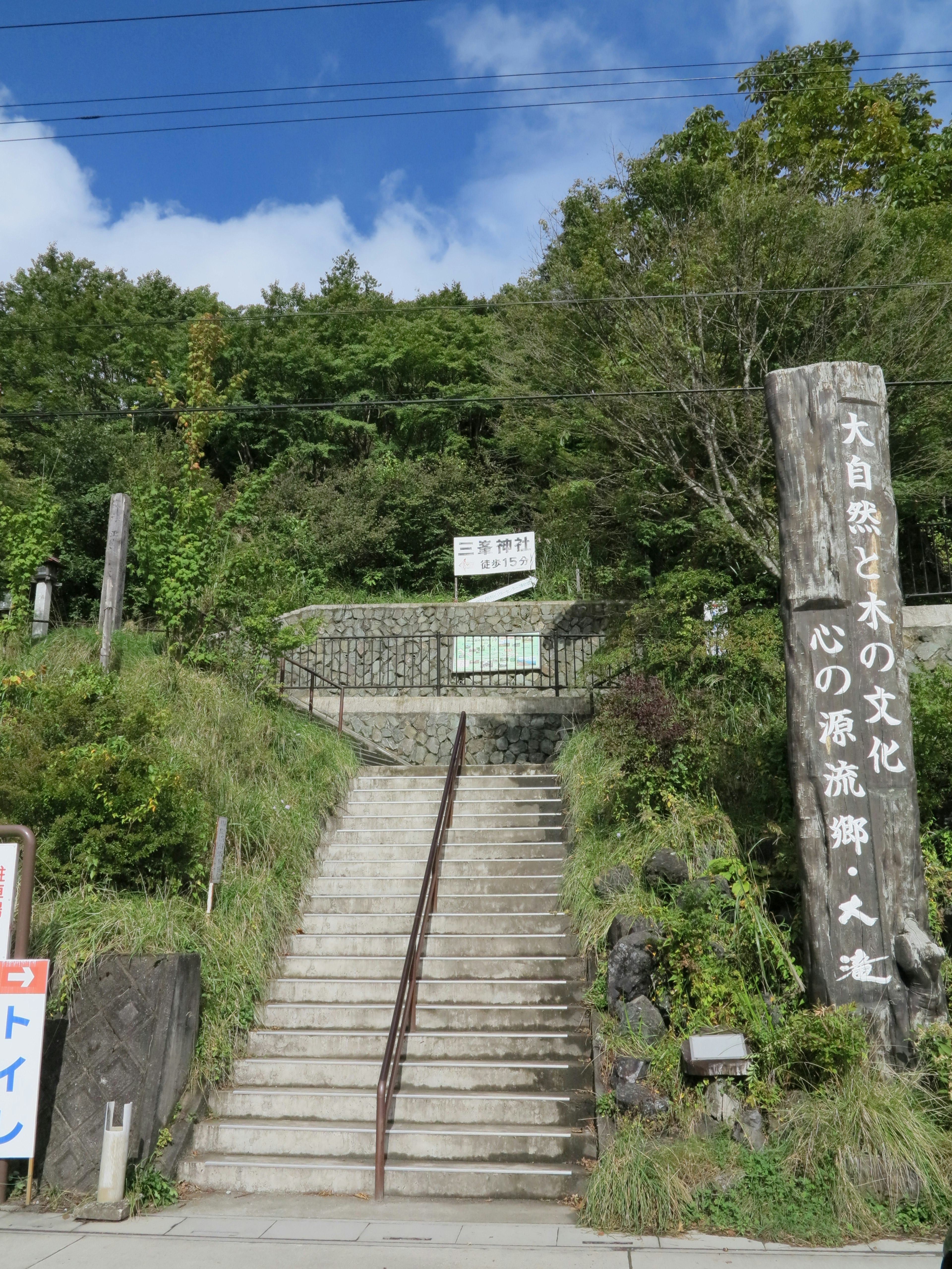 Steinstufen, die zu einem Schild führen, umgeben von Grün