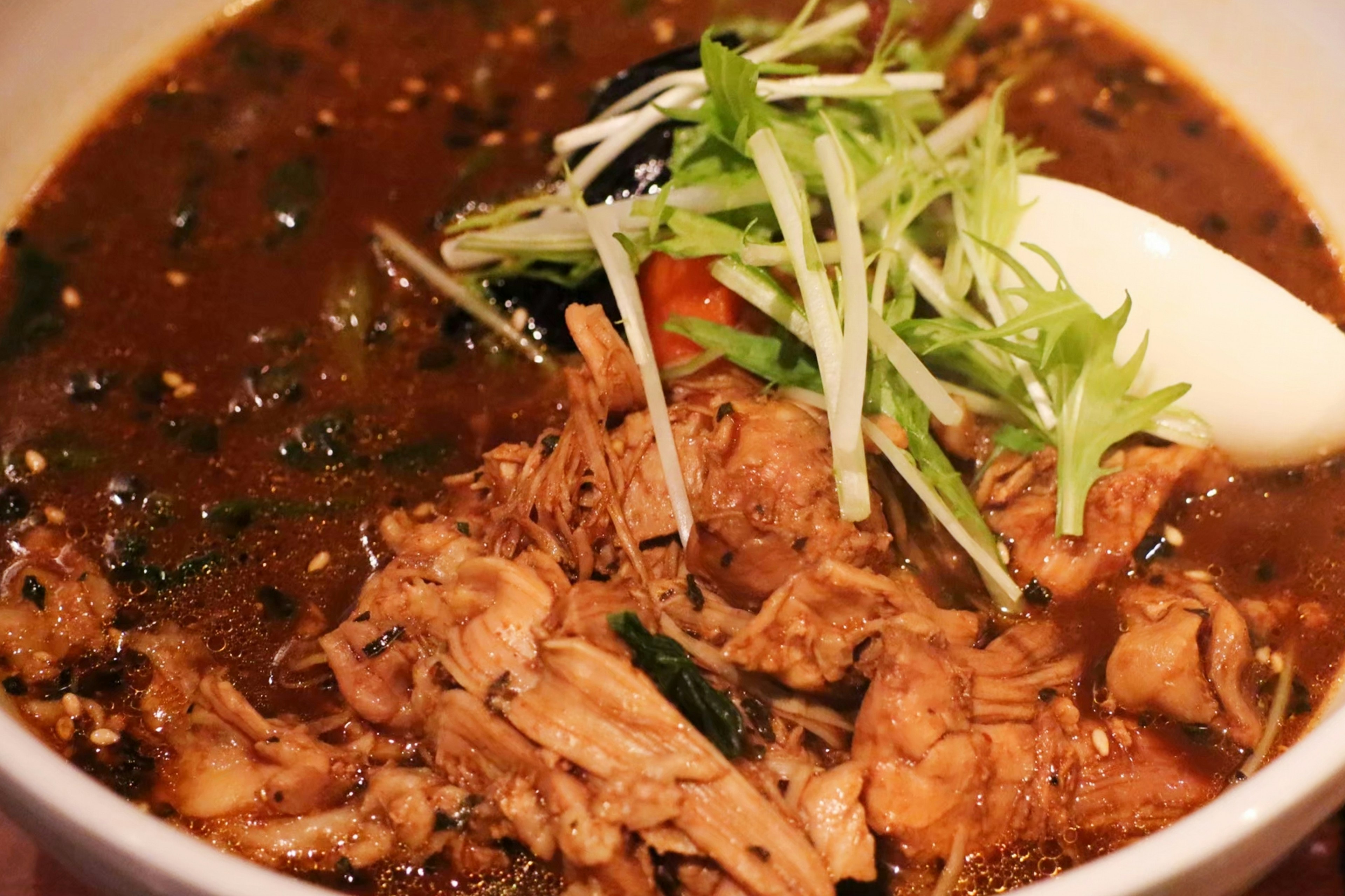 Delicious soup topped with shredded chicken and herbs