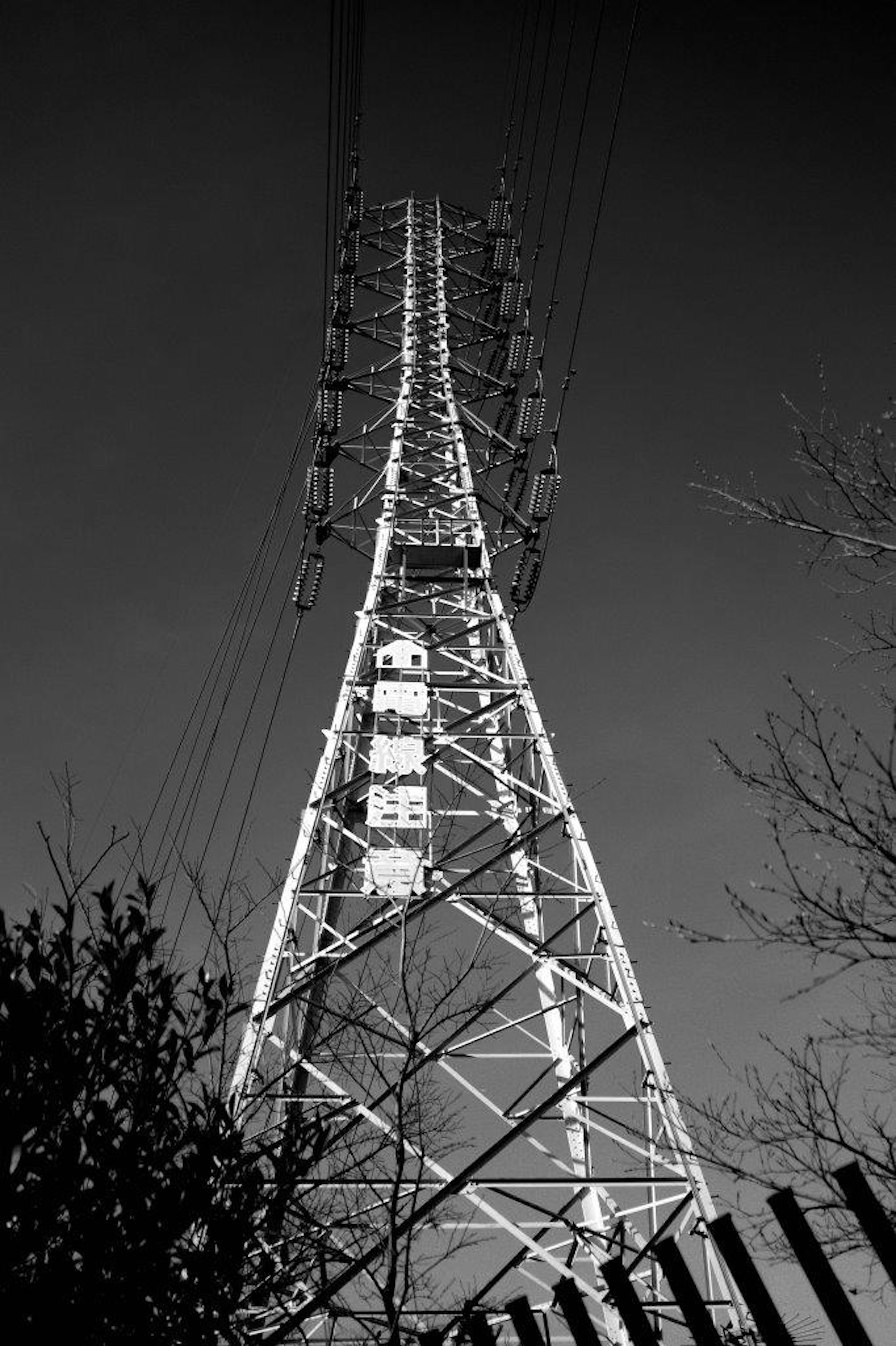 高圧電線の鉄塔を下から見上げたモノクロ写真