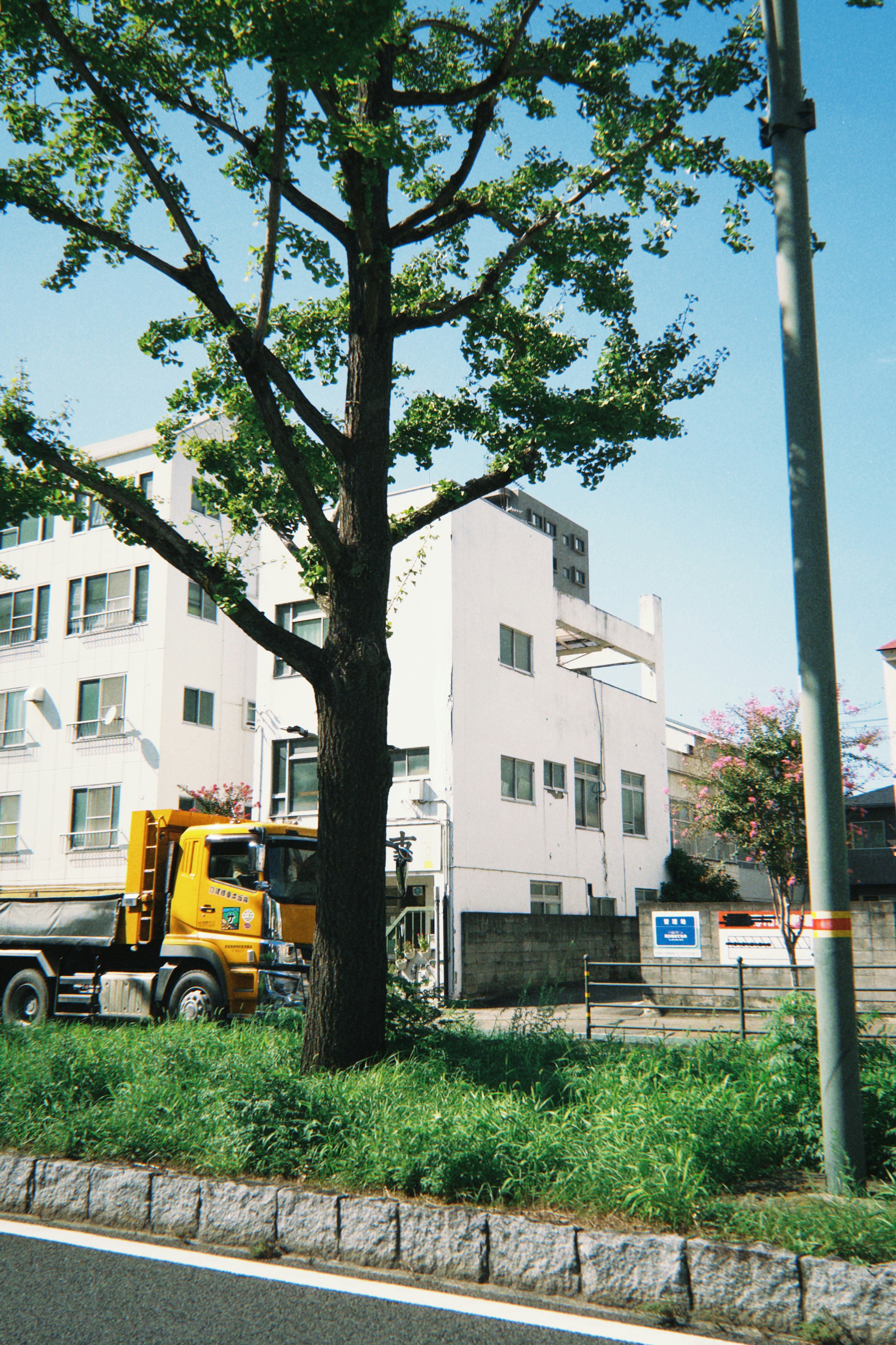 Scène de rue avec un camion jaune et un bâtiment blanc