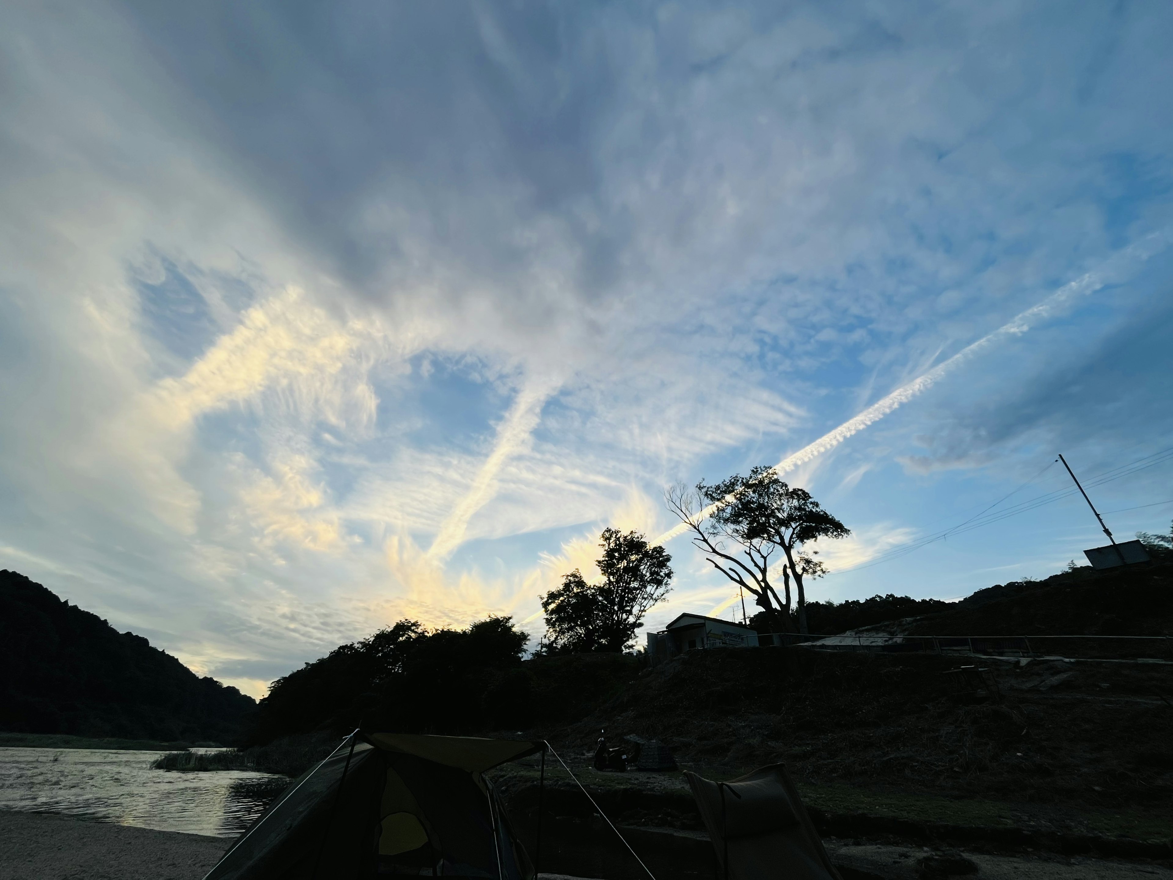 Arbres en silhouette contre un ciel bleu avec des nuages blancs