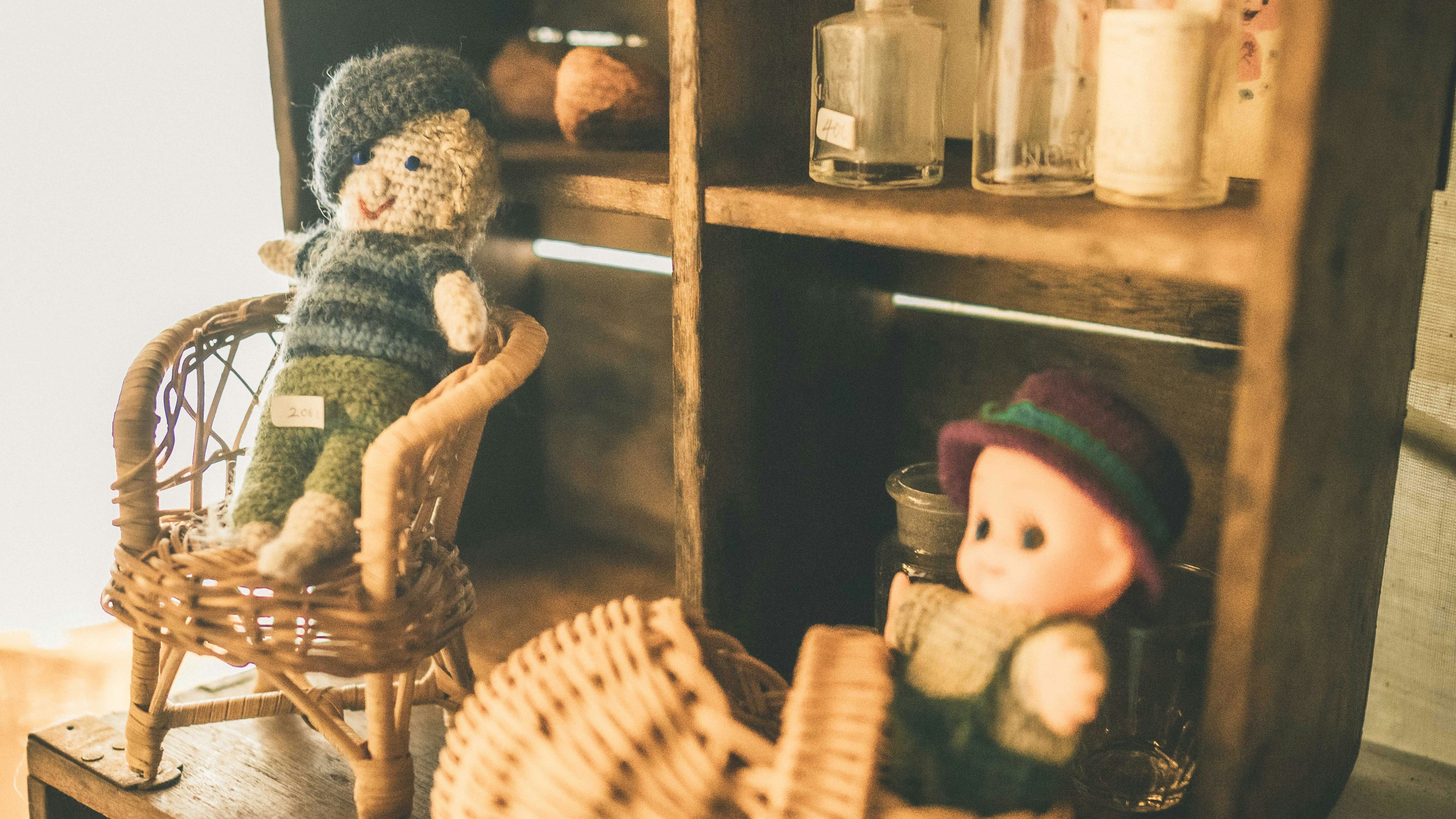 Poupées charmantes dans des chaises en osier avec un fond de bibliothèque confortable