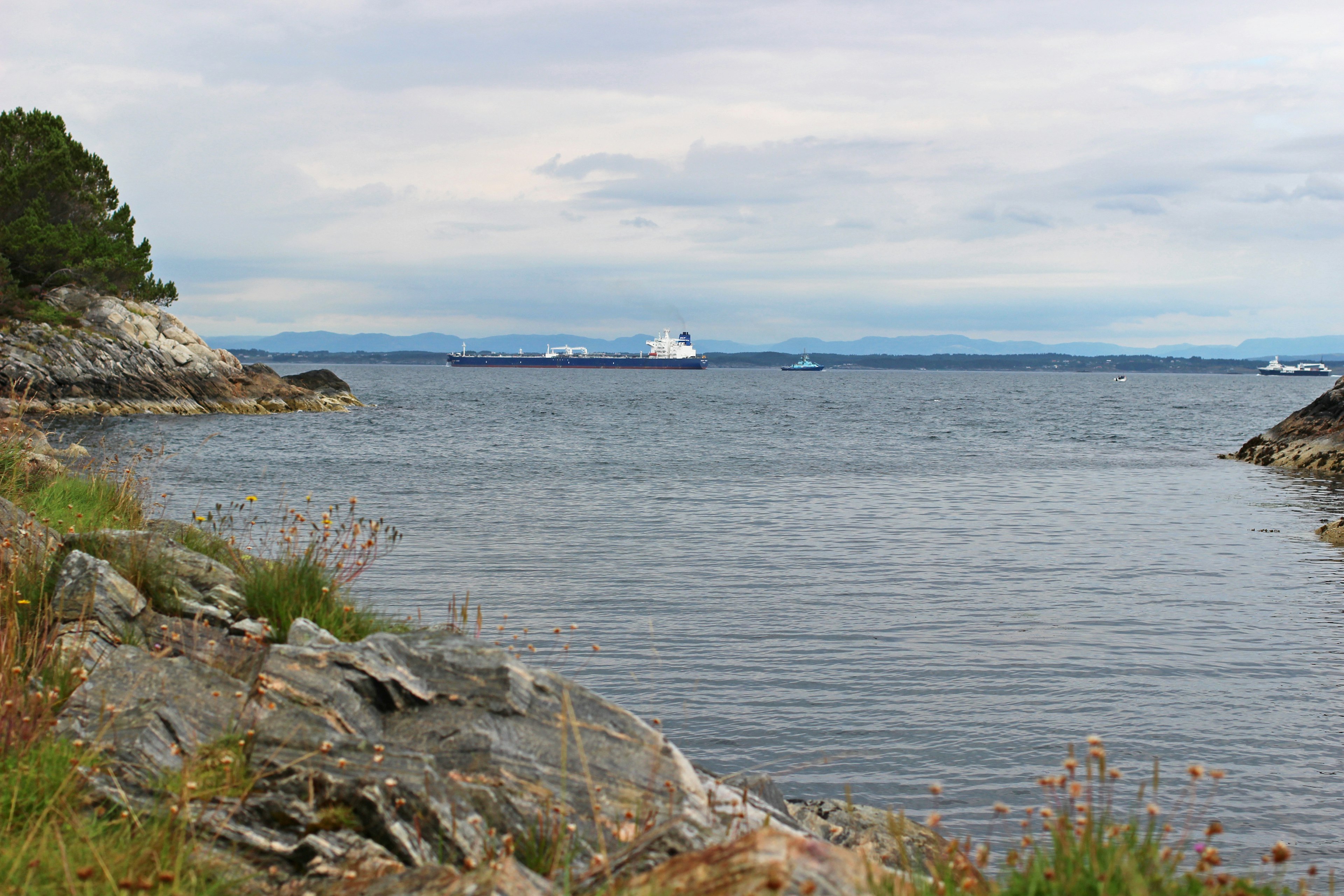 Serene seascape with rocky shoreline and distant ship