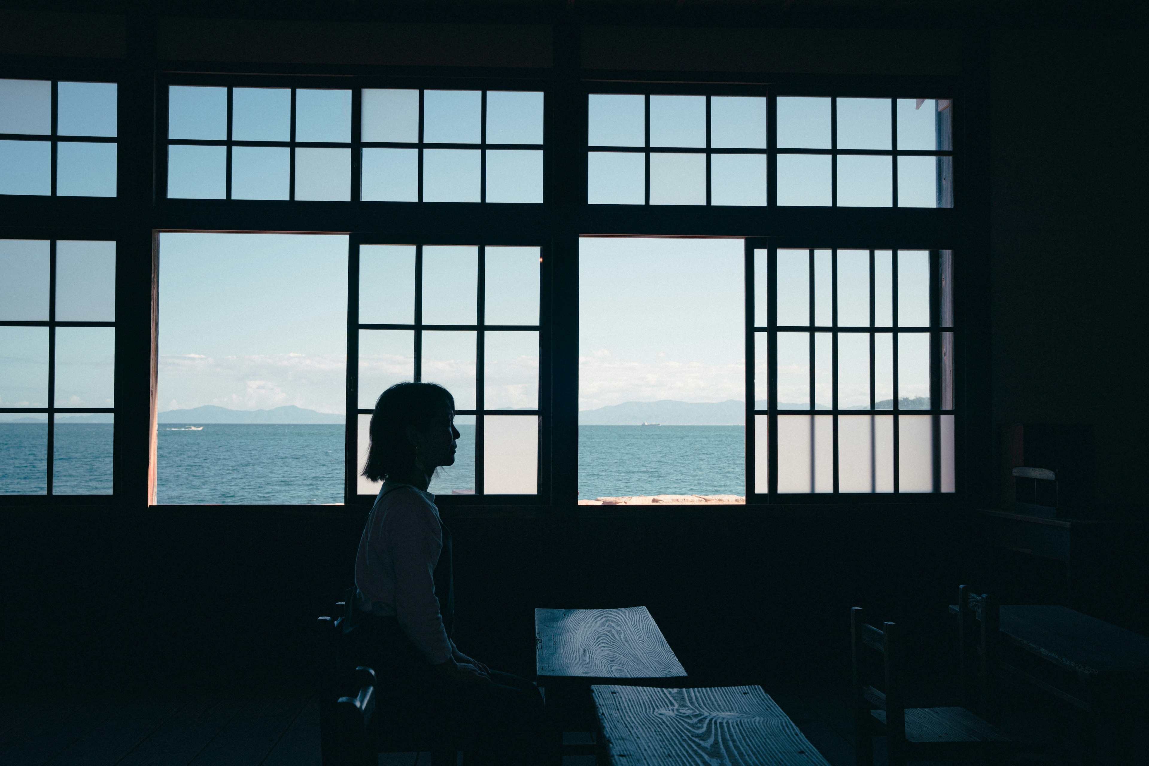 Silhouette di una persona che guarda il mare attraverso grandi finestre