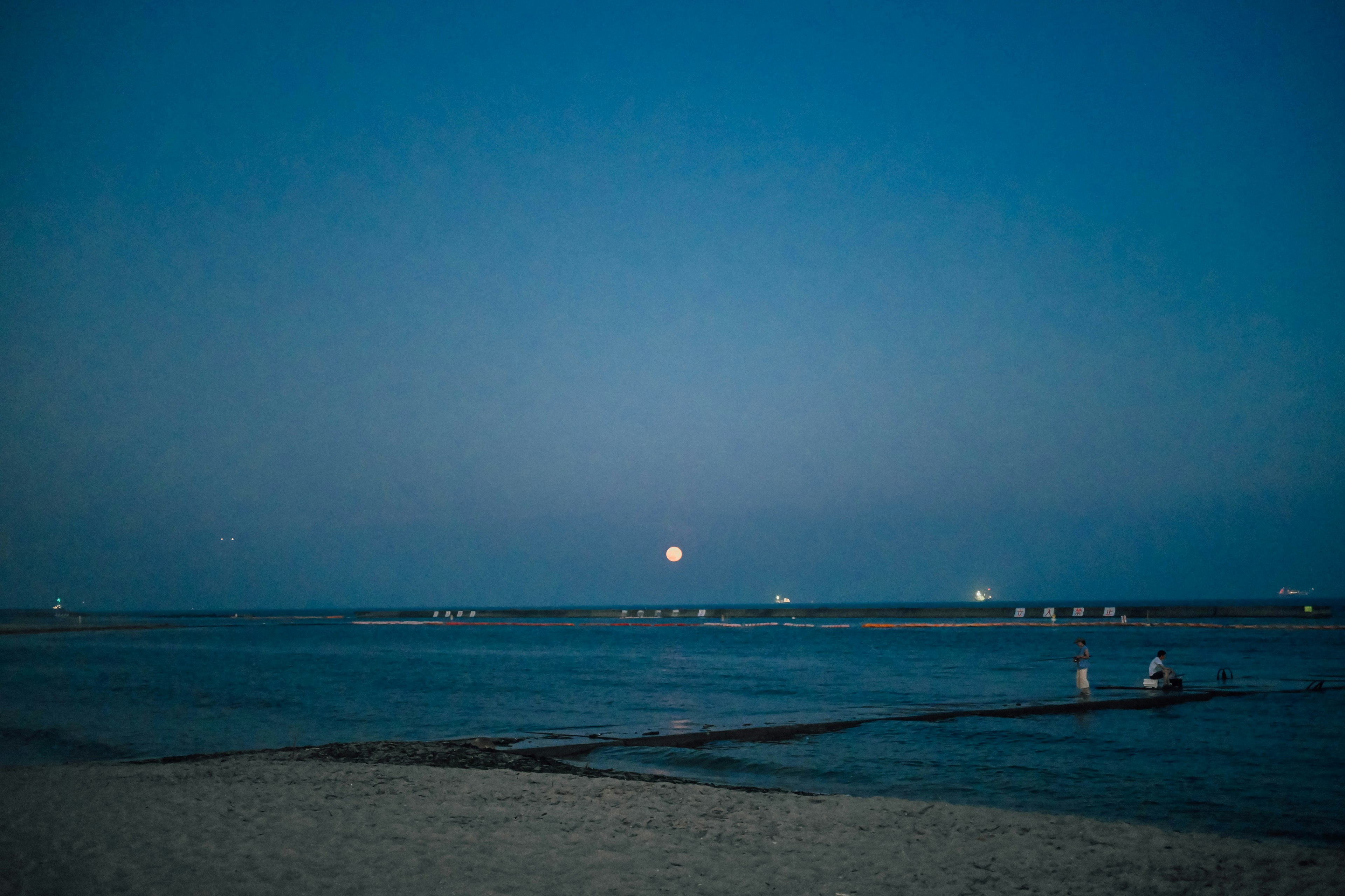 Vue pittoresque d'une mer bleue et d'un ciel nocturne avec une pleine lune deux personnes debout au bord de la mer