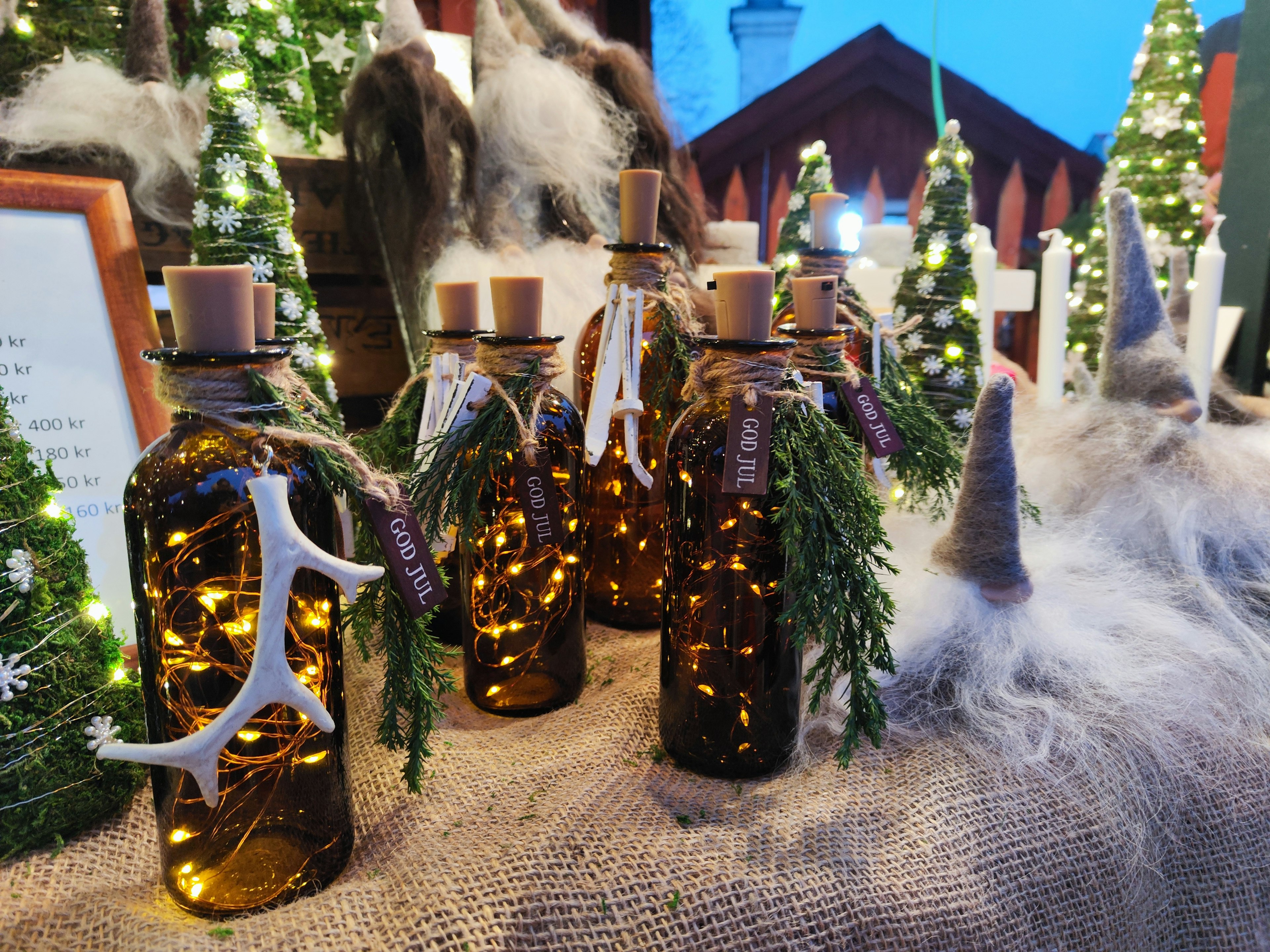 Botellas decorativas llenas de luces con vegetación en una exhibición invernal