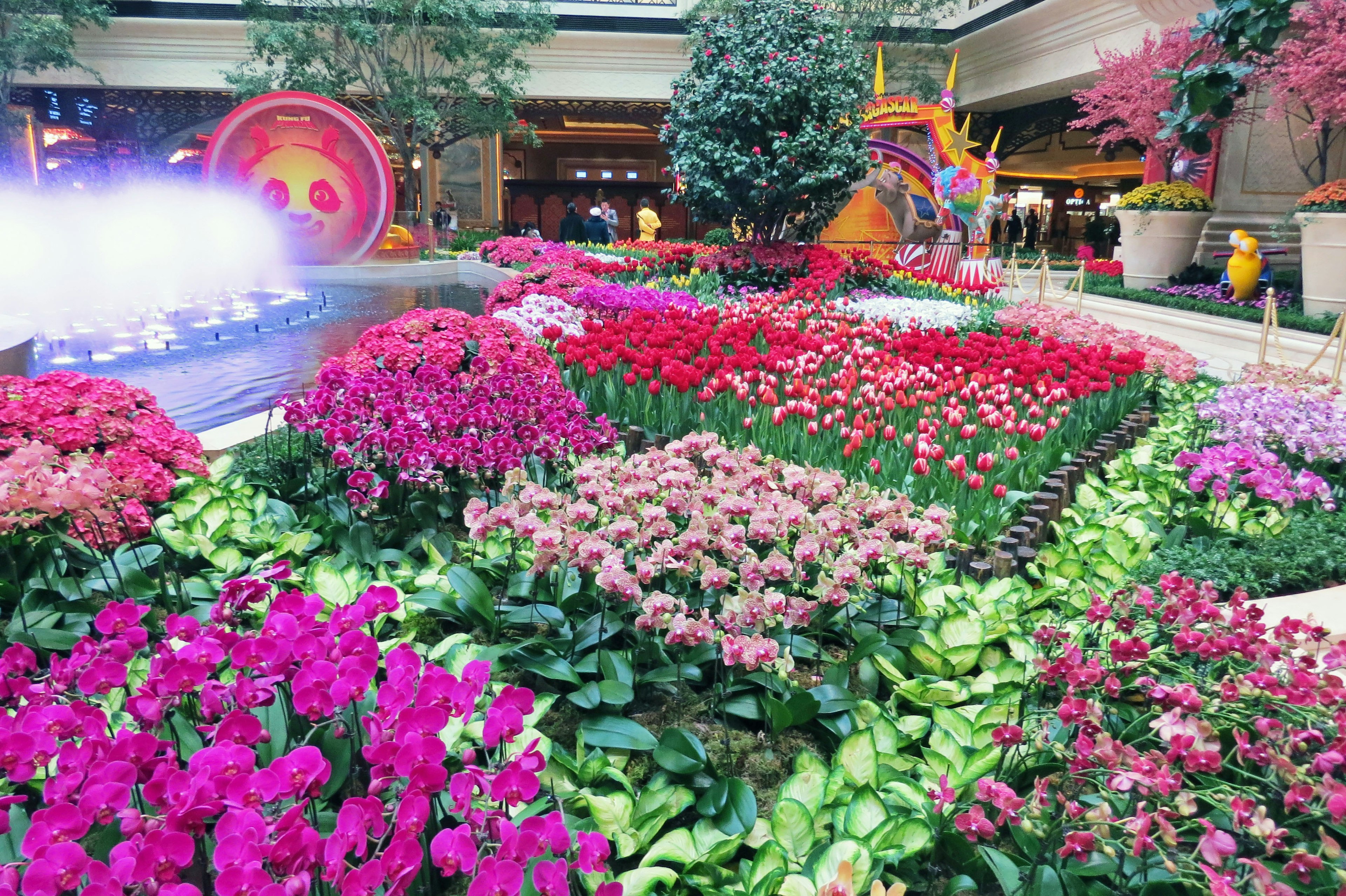 Escena de jardín vibrante llena de flores coloridas en varios tonos