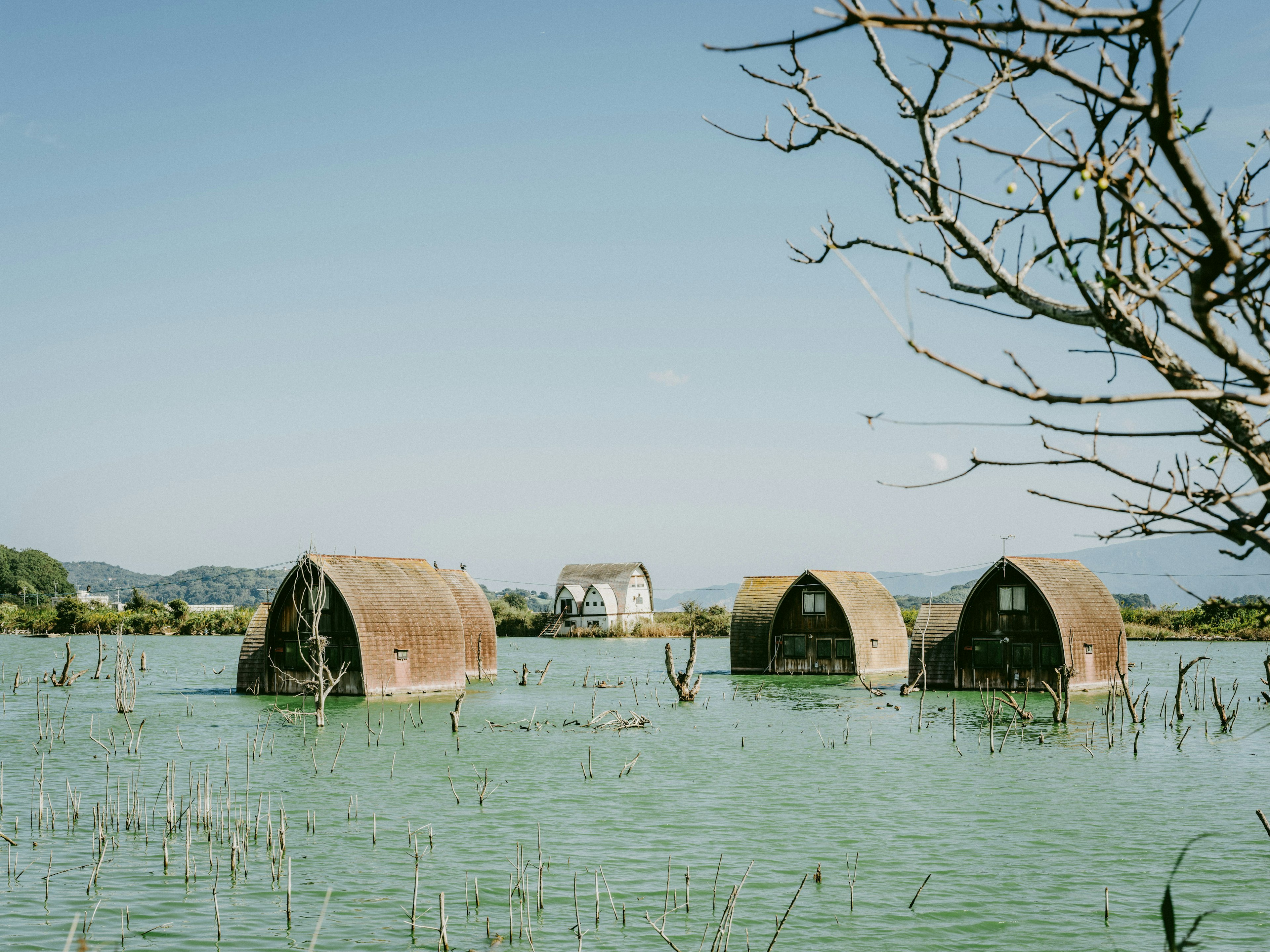 Drei Hütten, die auf Wasser schwimmen, mit einem trockenen Baumzweig im Vordergrund