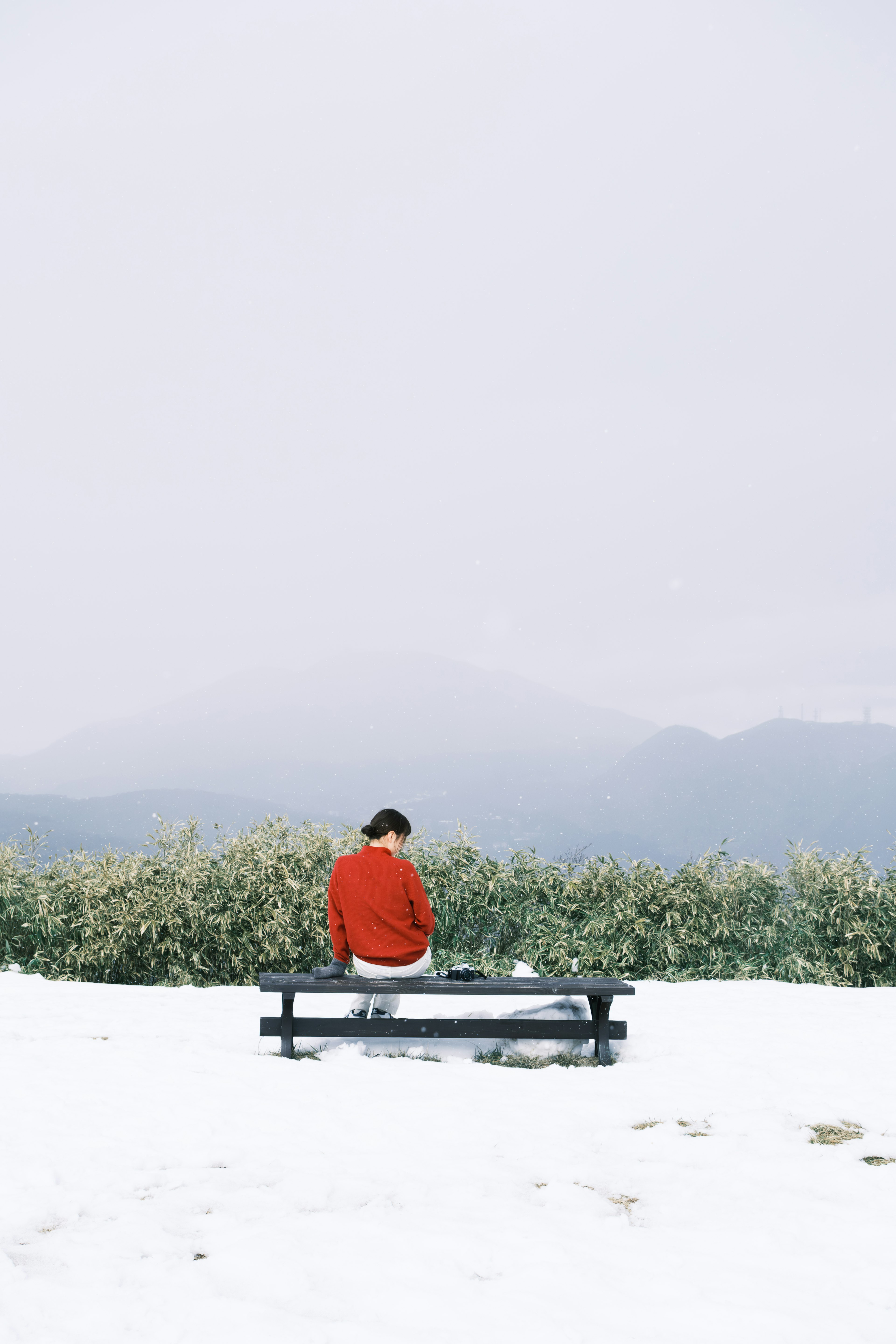 雪の中で赤い服を着た人物がベンチに座っている風景